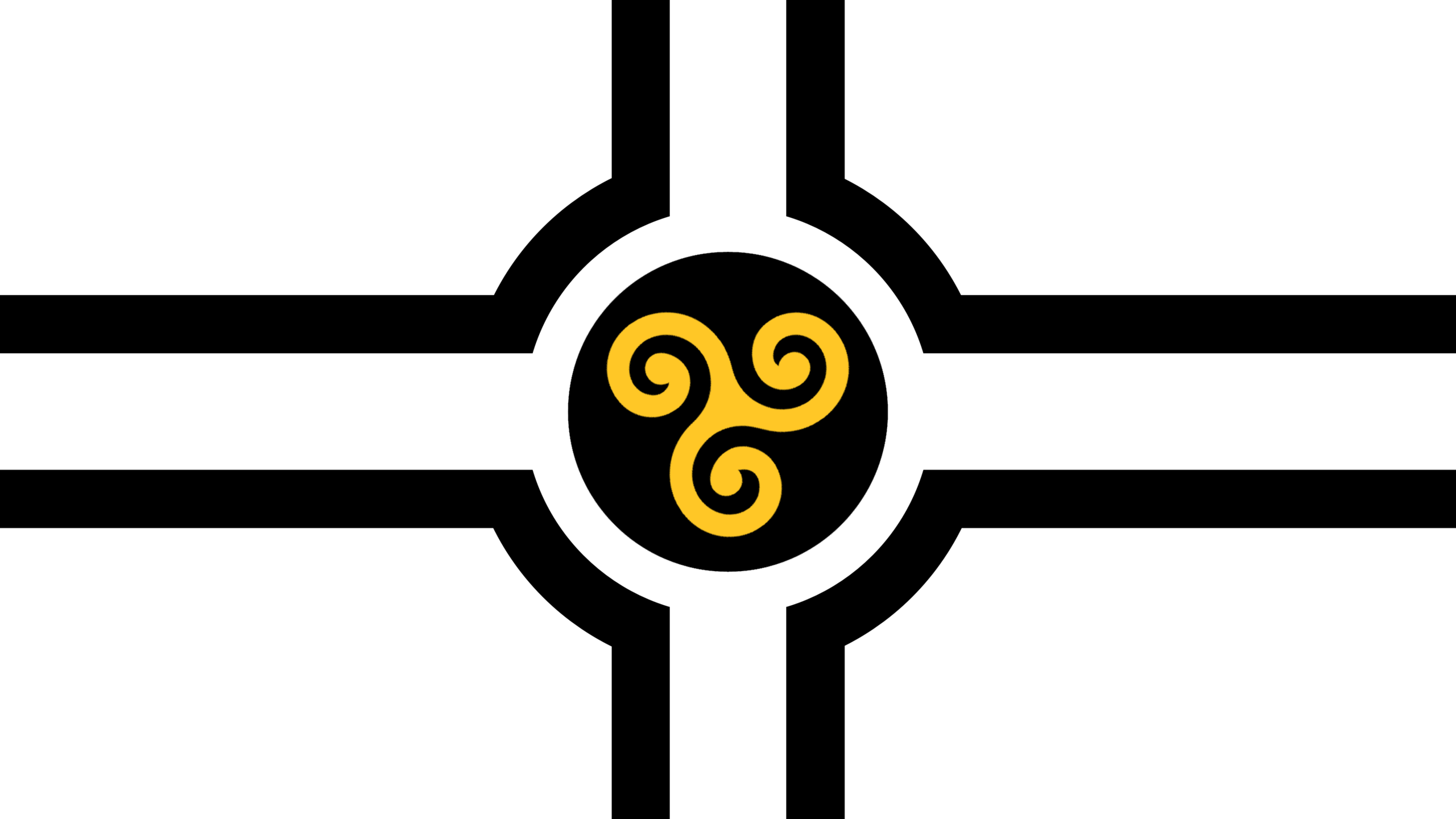 A black-and-white cross with a gold symbol in the centre featuring three interlocked spirals or curved lines.