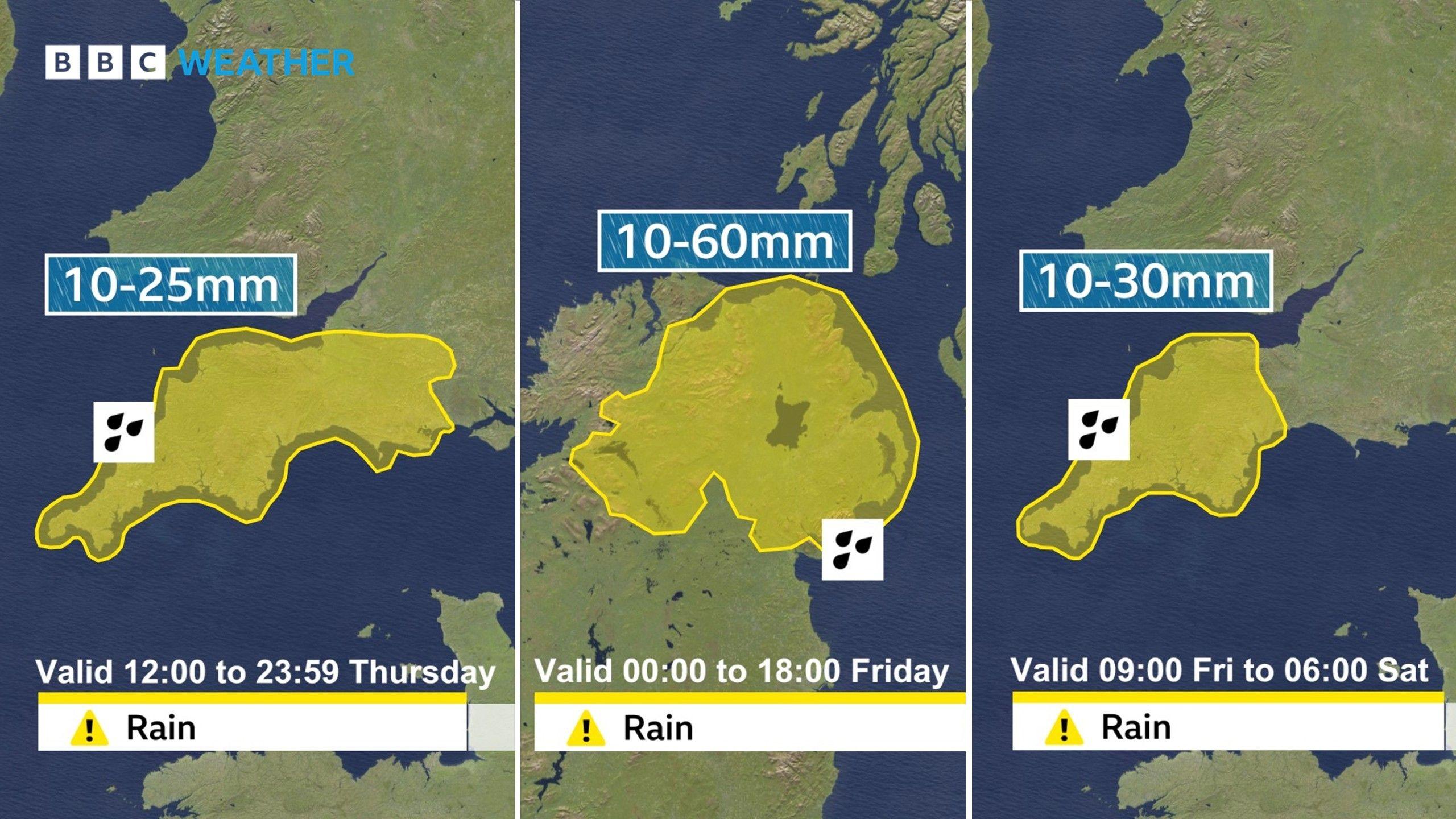 A photo showing 3 yellow rain weather warnings issued for the UK