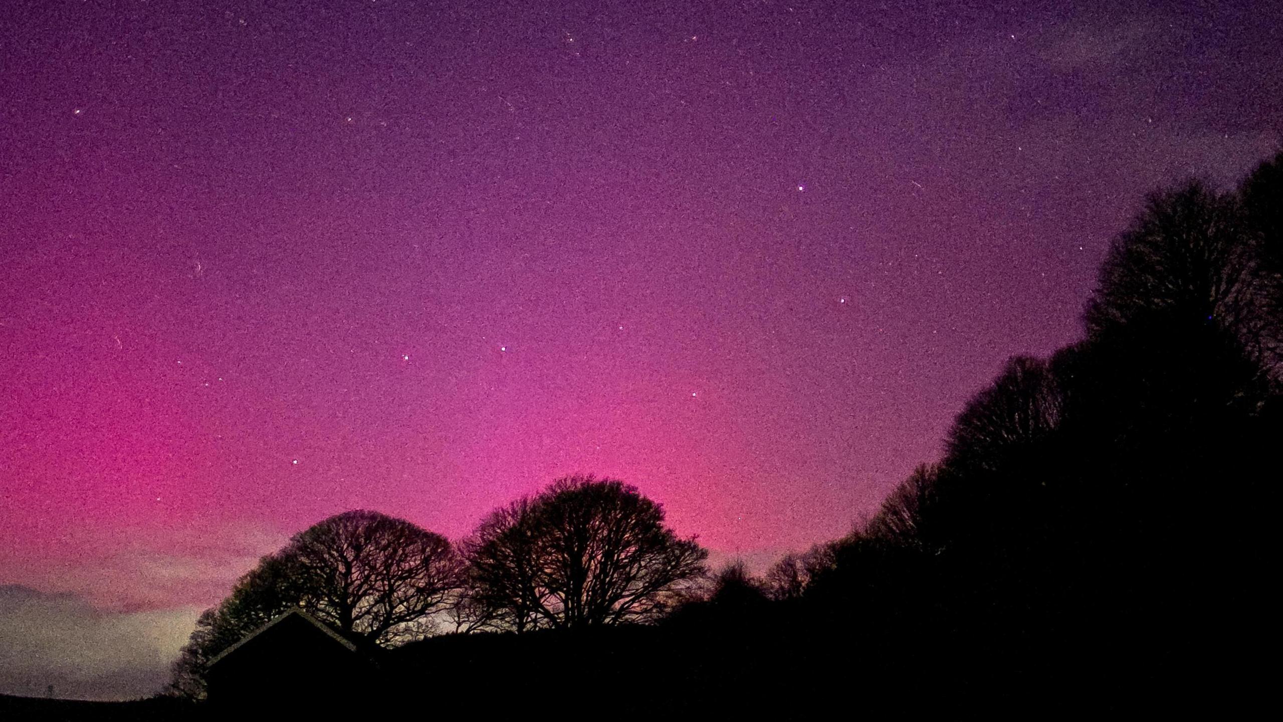 night sky with purple colours of the aurora