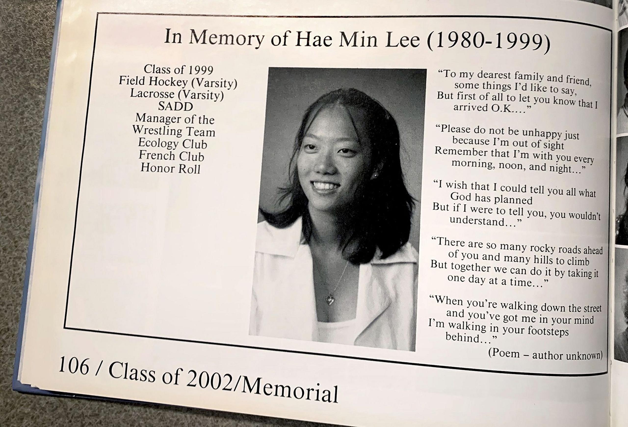 A school yearbook with a black and white photo of a smiling schoolgirl under the heading 'In Memory of Hae Min Lee (1980-1999)'. On the left is a list of clubs she attended and on the right is a poem. At the foot of the page it says 'Class of 2002/Memorial'
