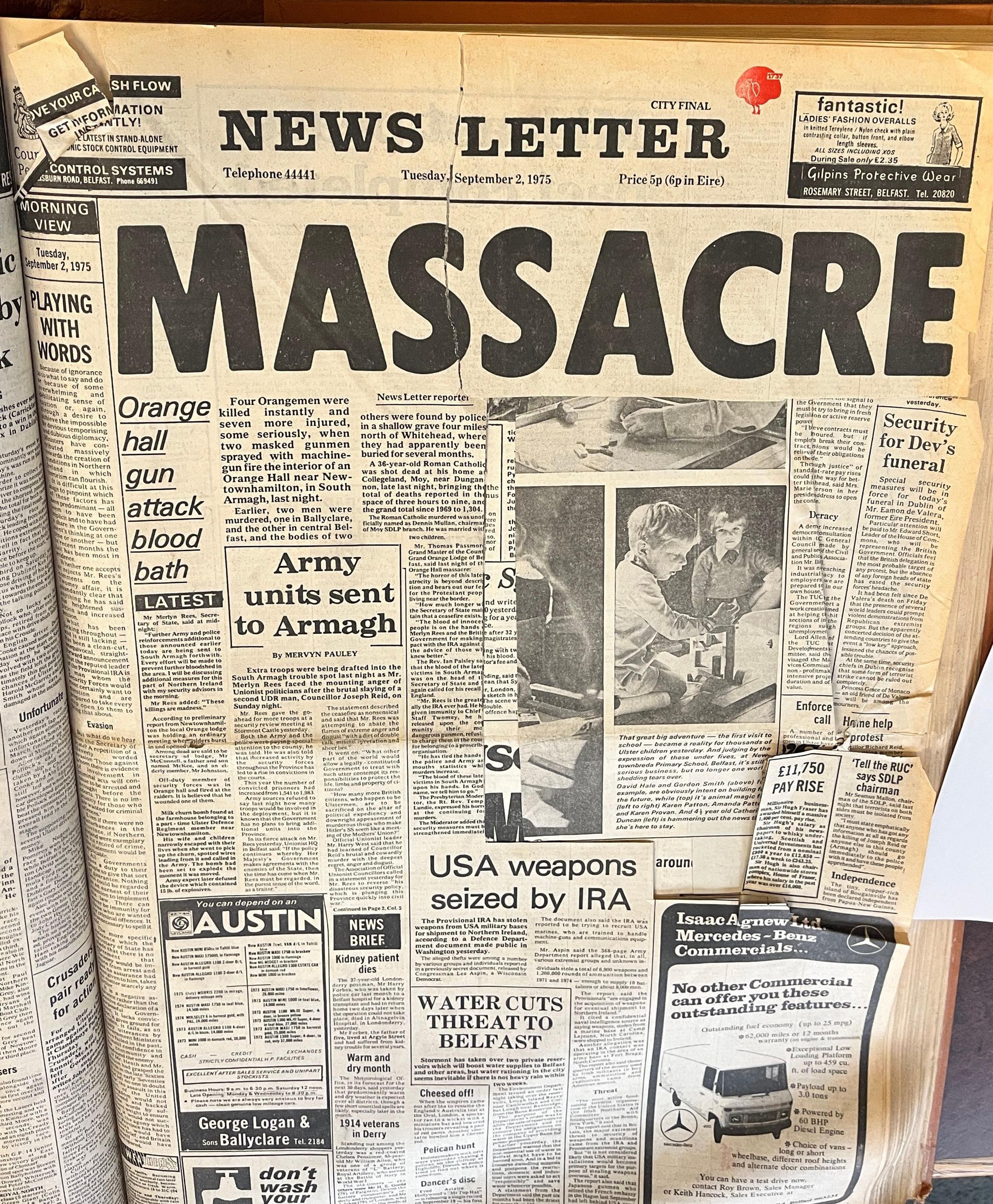 A newspaper reporting on the attack - Newsletter with large headline saying Massacre