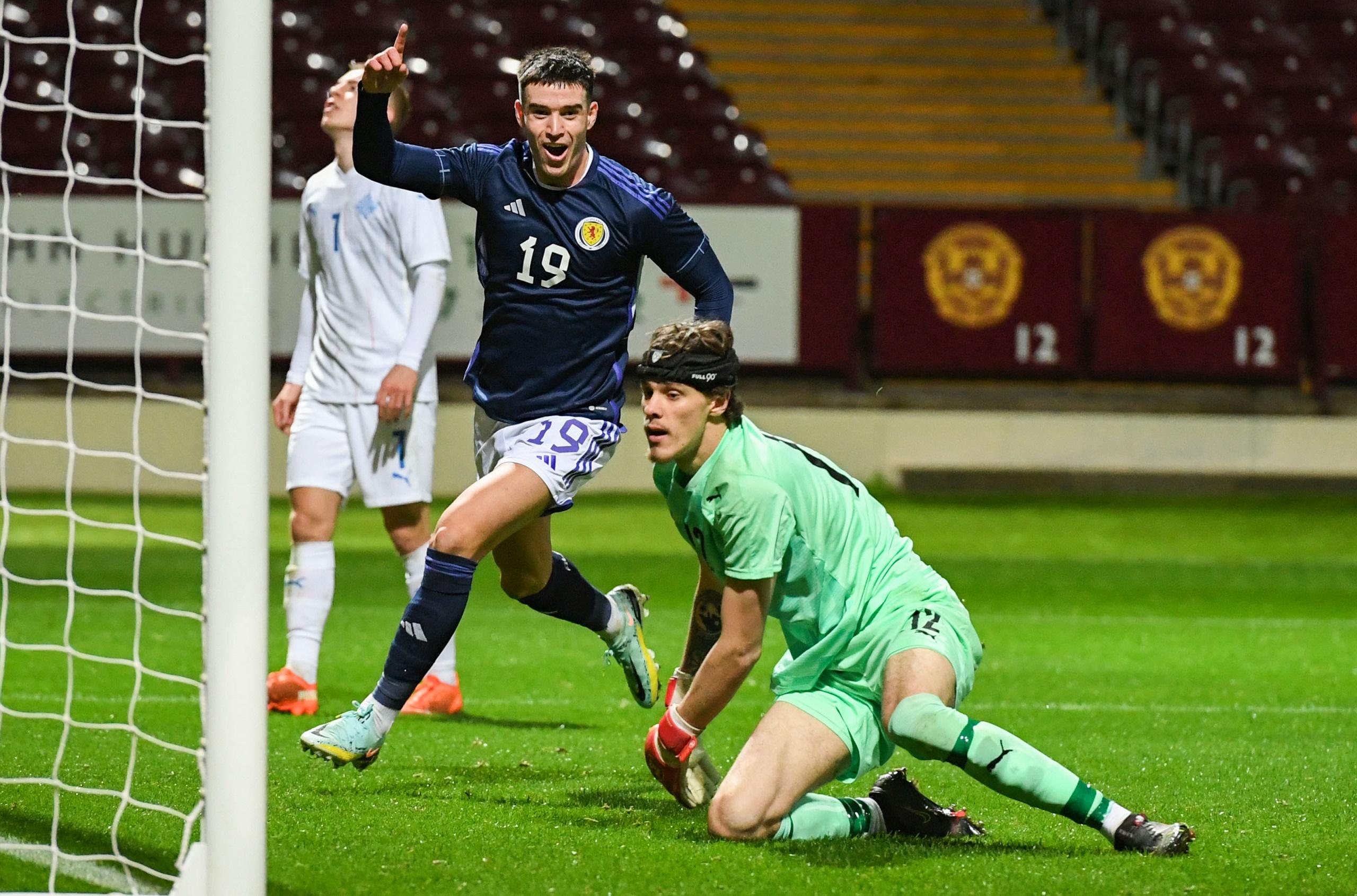 Max Johnston celebrates his Scotland Under-21 goal