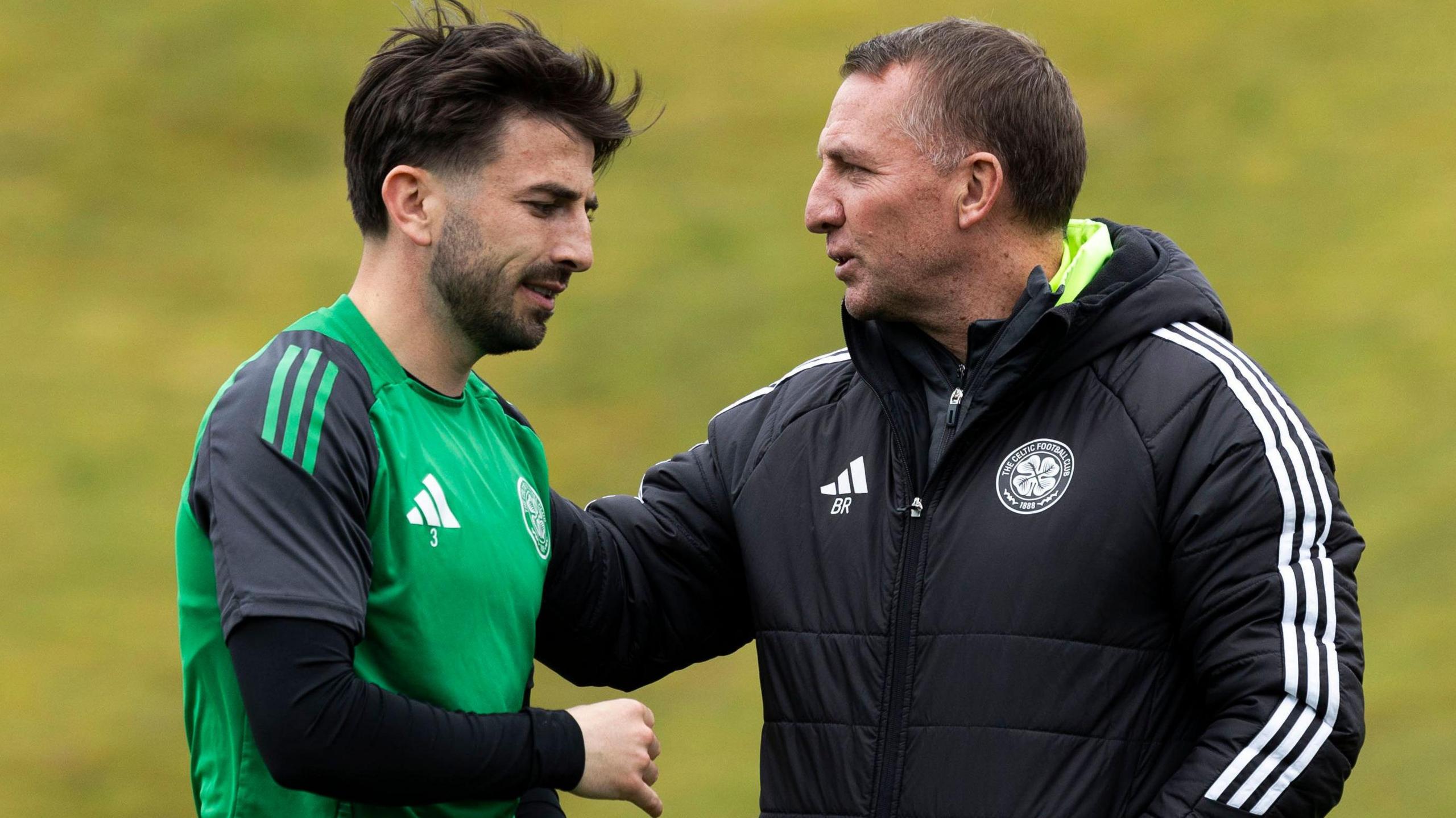 Celtic Manager Brendan Rodgers and Greg Taylor during a Celtic Training Session at Lennoxtown Training Centre