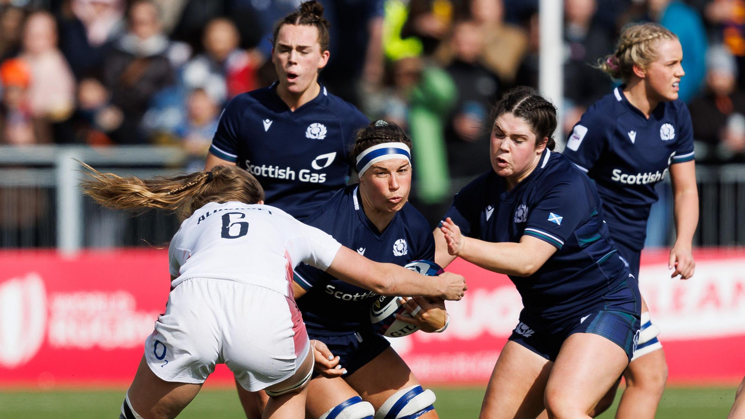 Scotland captain Rachel Malcolm in action against England