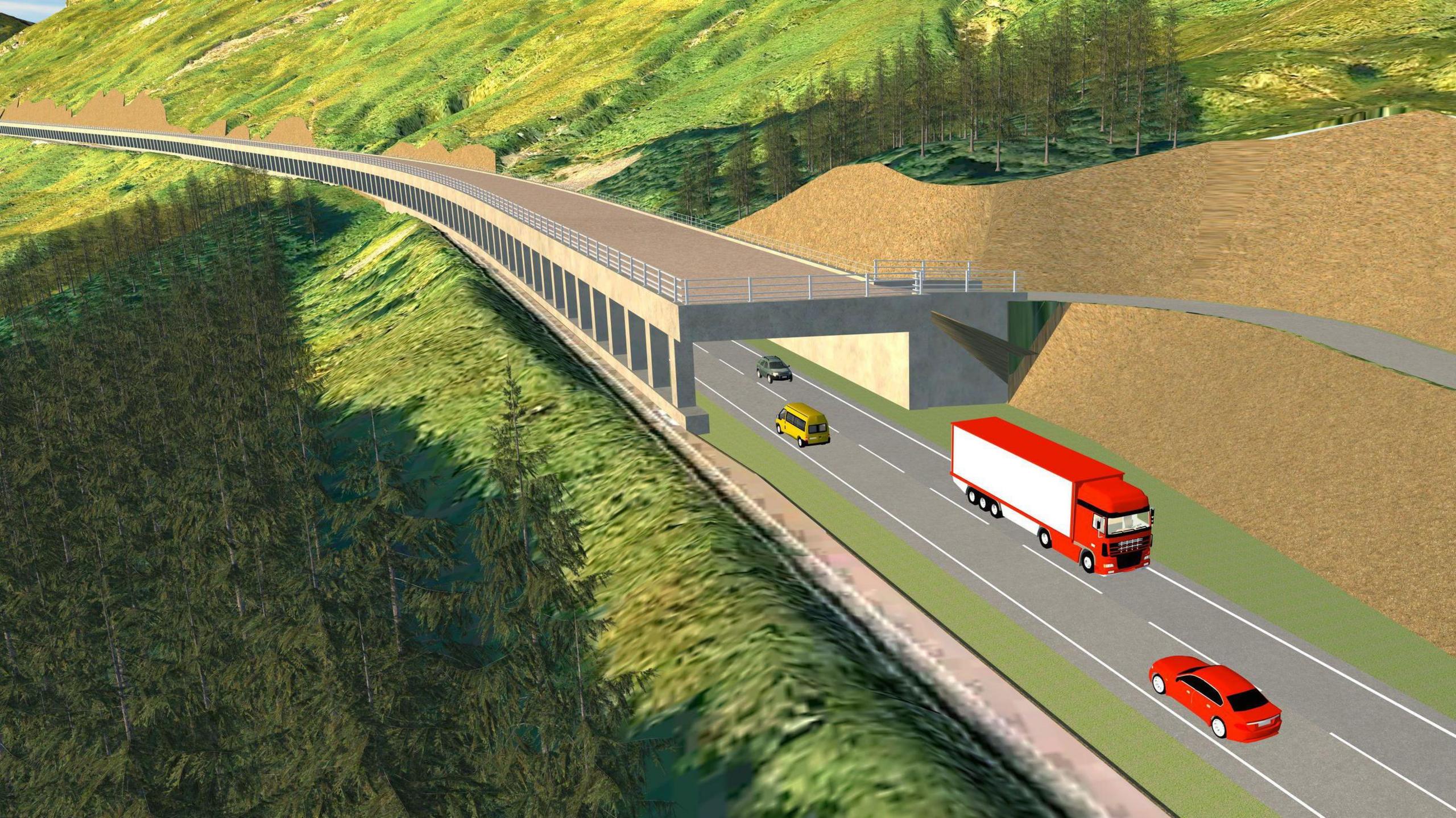 A computer generated image of a mile-long tunnel over the protecting vehicles on the A83 Rest and Be Thankful in Argyll. The hillside is to the right of the structure. 