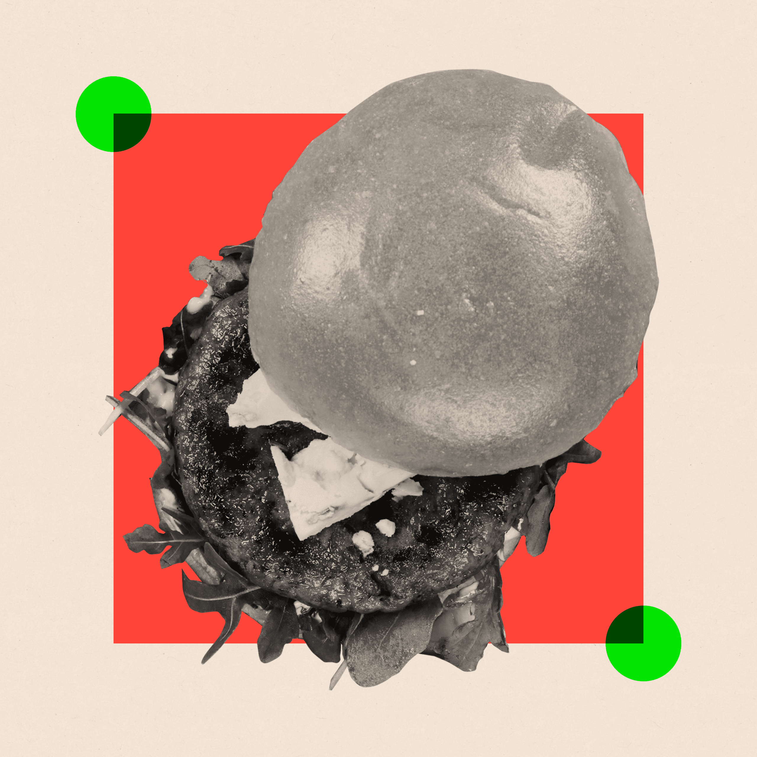 A treated image showing a burger in black and white on a red background