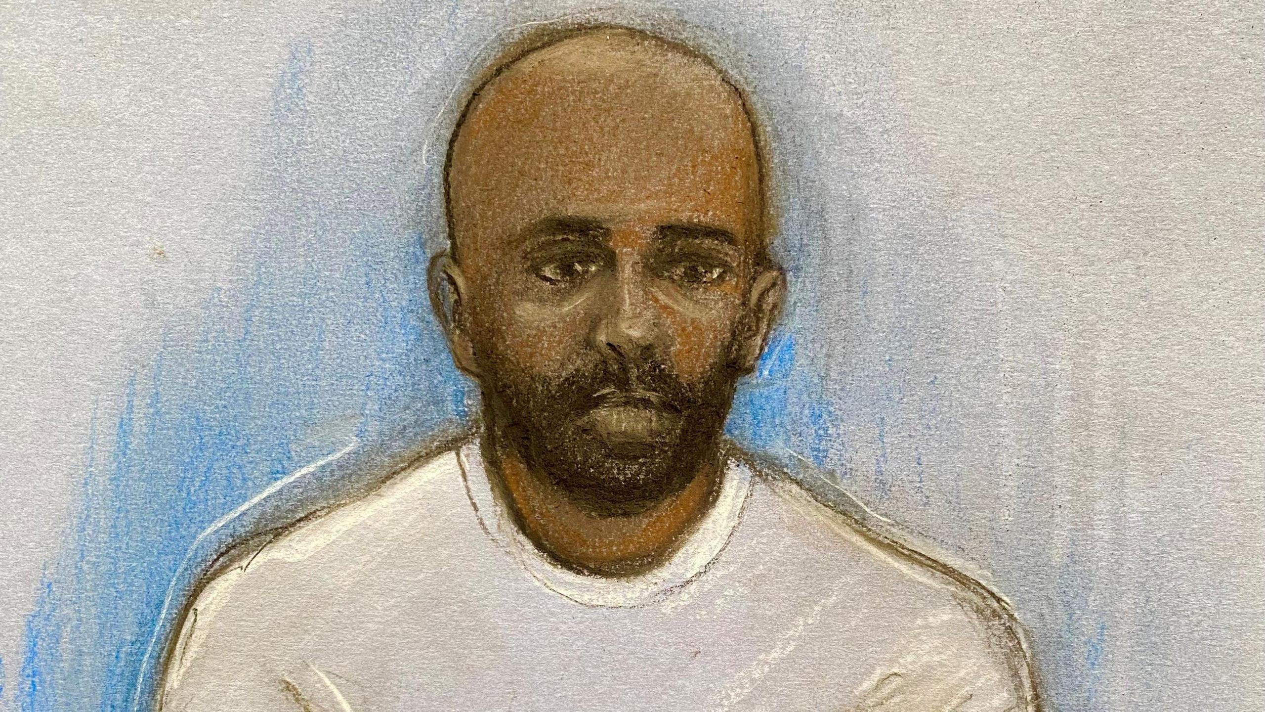 Court artist drawing by Elizabeth Cook of Ahmed Timir, 34, of Grange Park, Ealing, appearing at Willesden Magistrates' Court.