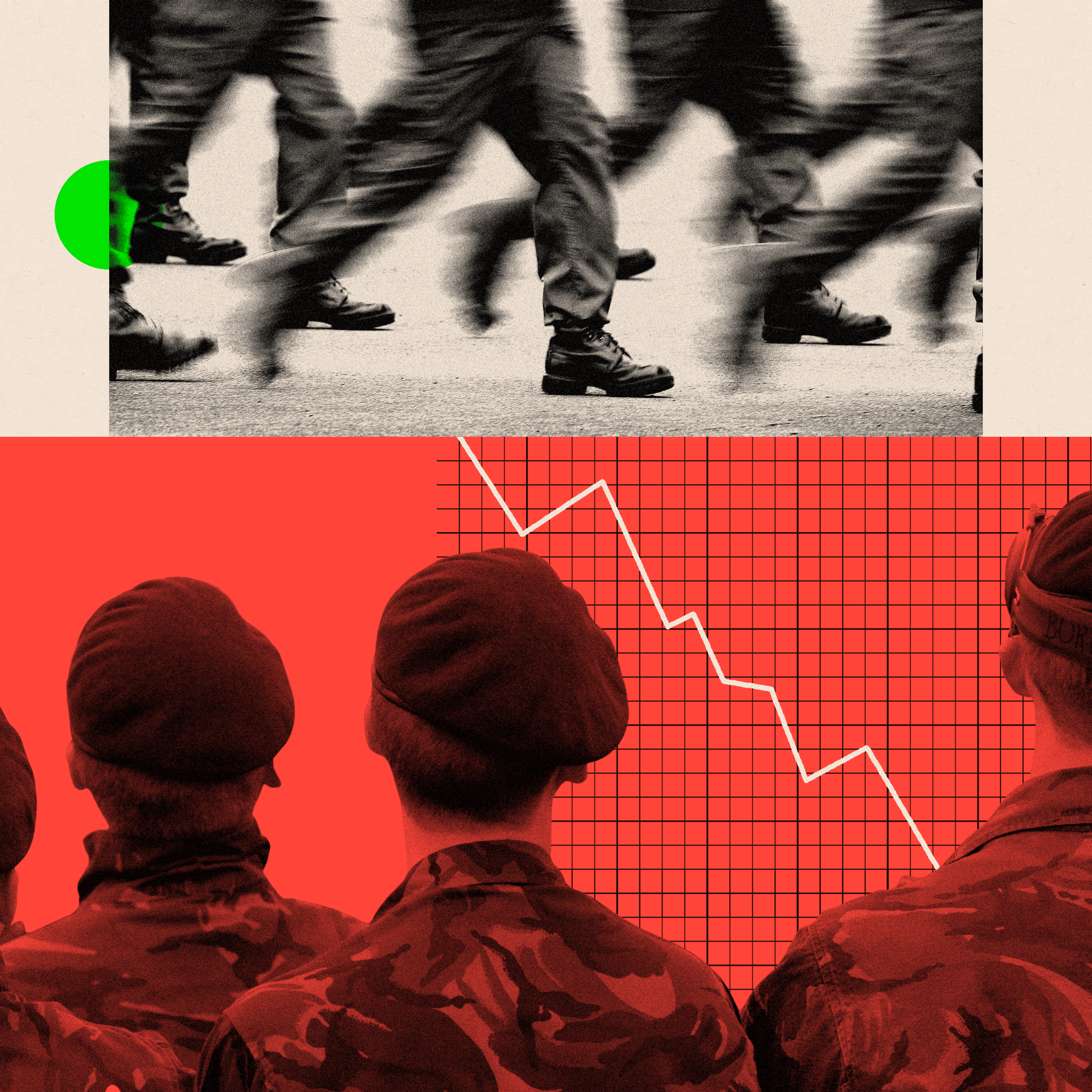 Two treated images of soldiers walking, with only their lower legs visible and the bottom image shows them standing with their backs to the camera, wearing hats, with a graph added in the background.