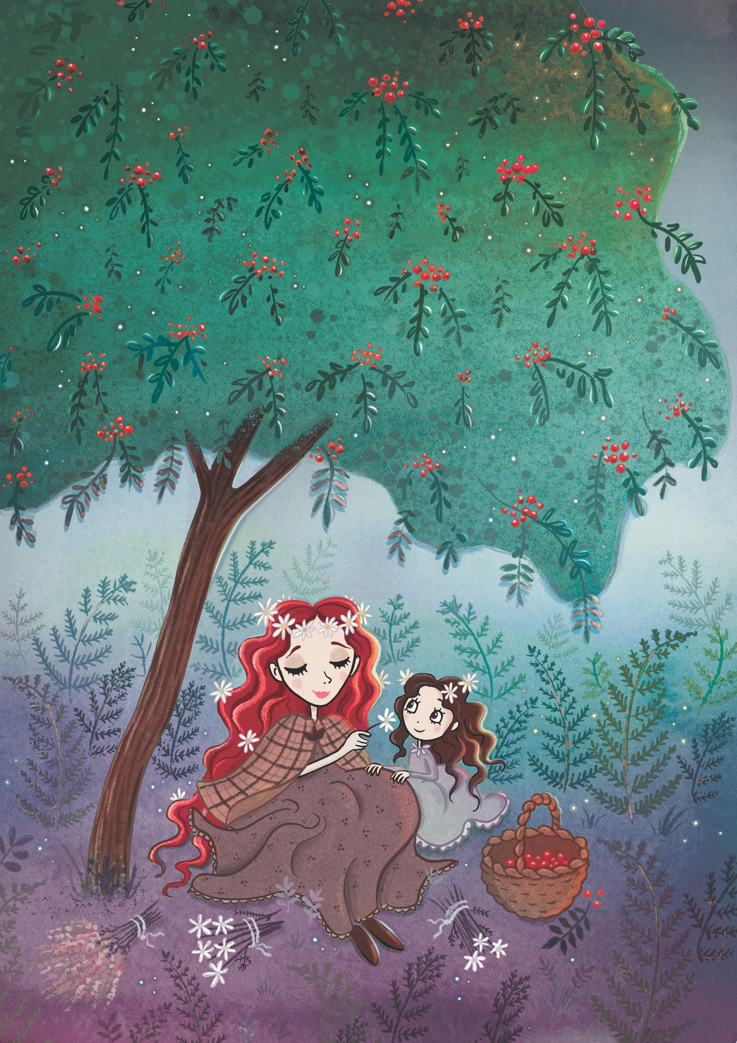 A woman with red hair sits in the forest with a young girl
