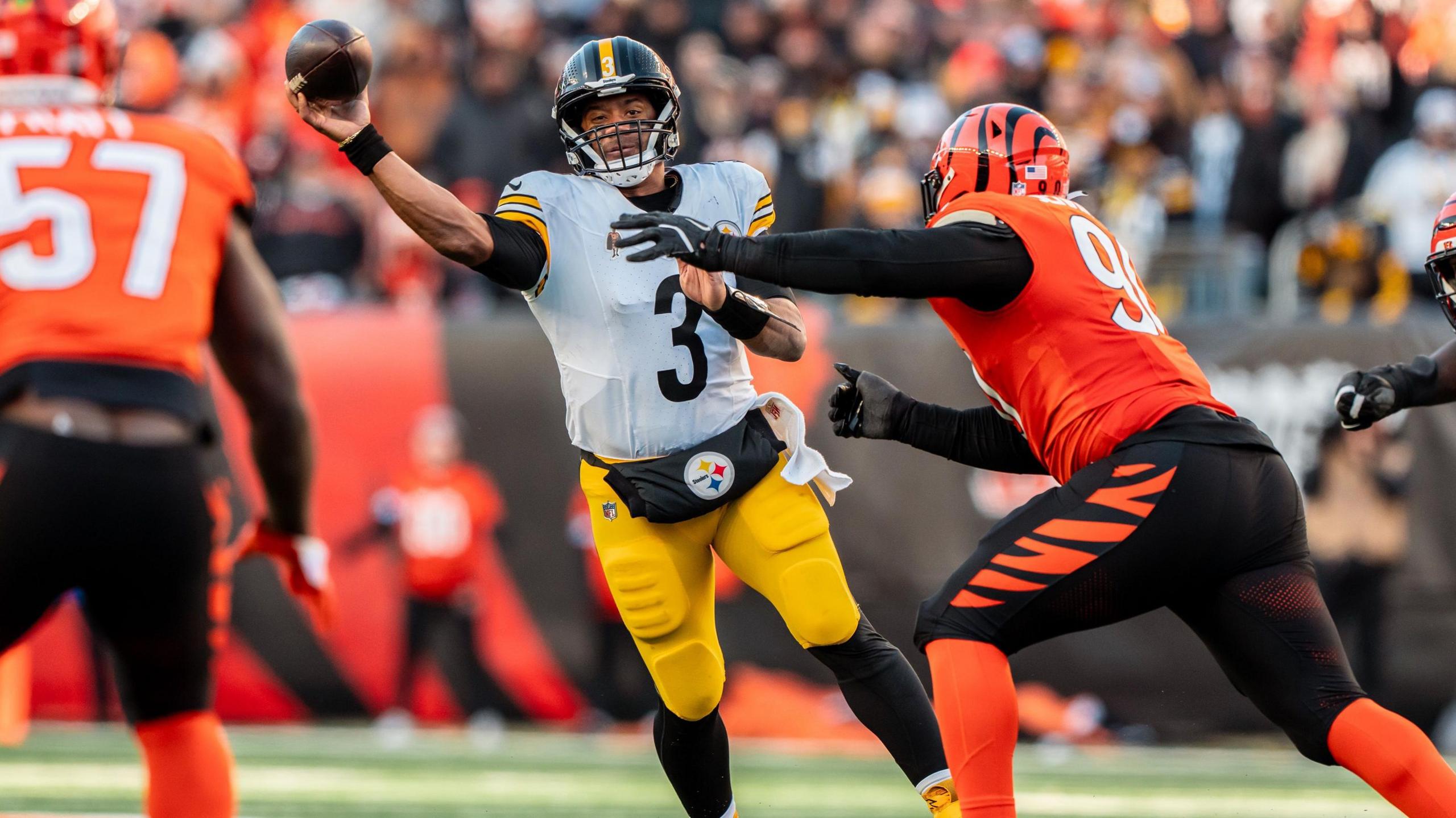 Pittsburgh Steelers quarterback Russell Wilson throws the ball against the Cincinnati Bengals in the NFL