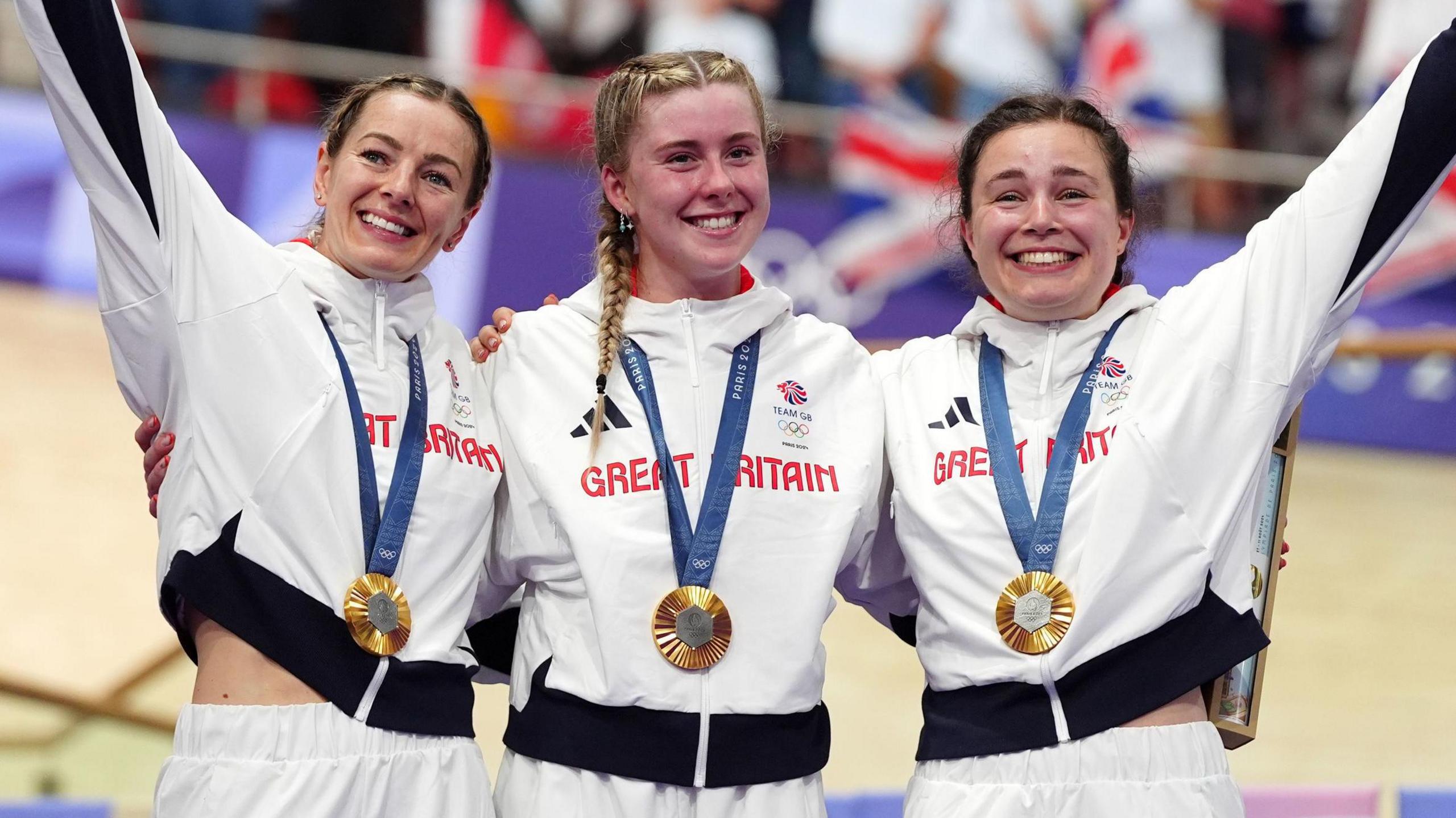 Great Britain's Katy Marchant, Emma Finucane and Sophie Capewell with their gold medals won in the Women's Team Sprint finals at the National Velodrome