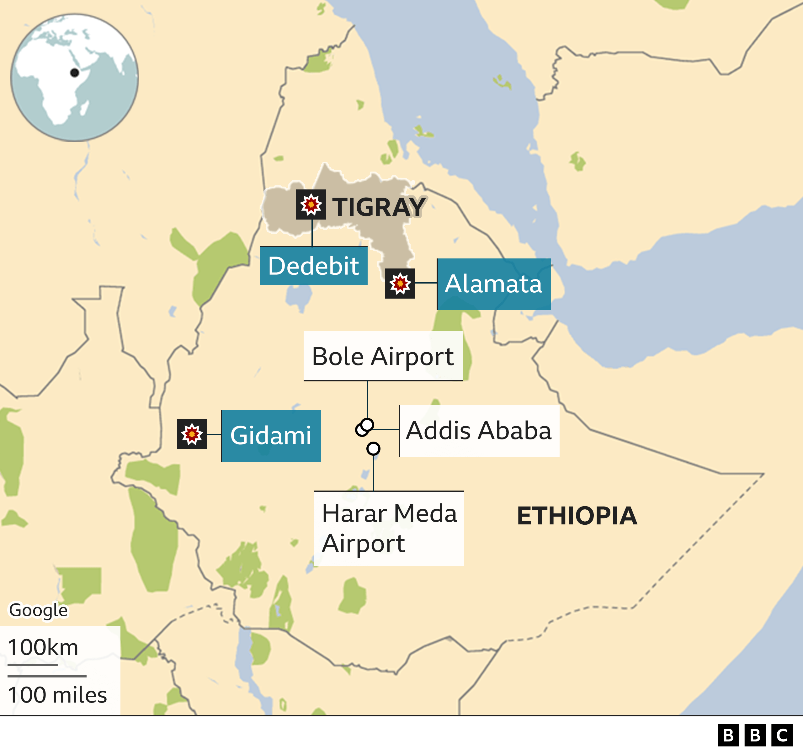 Map showing airports and site of three drone strikes