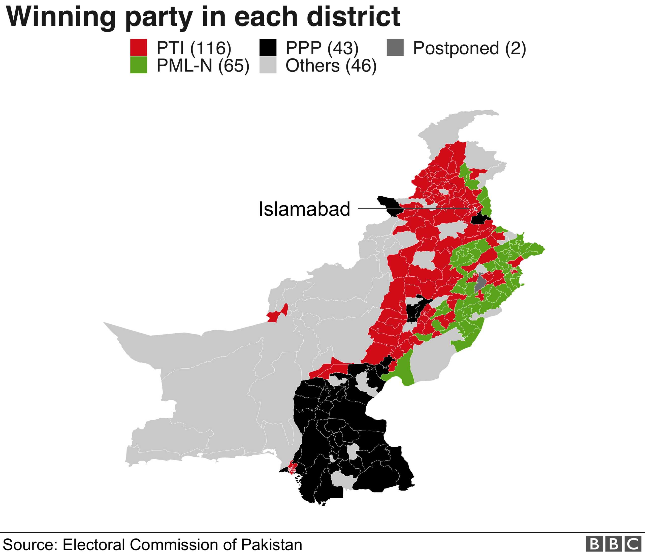 Map showing parties wins by district, in Pakistan election. 26 July 2018