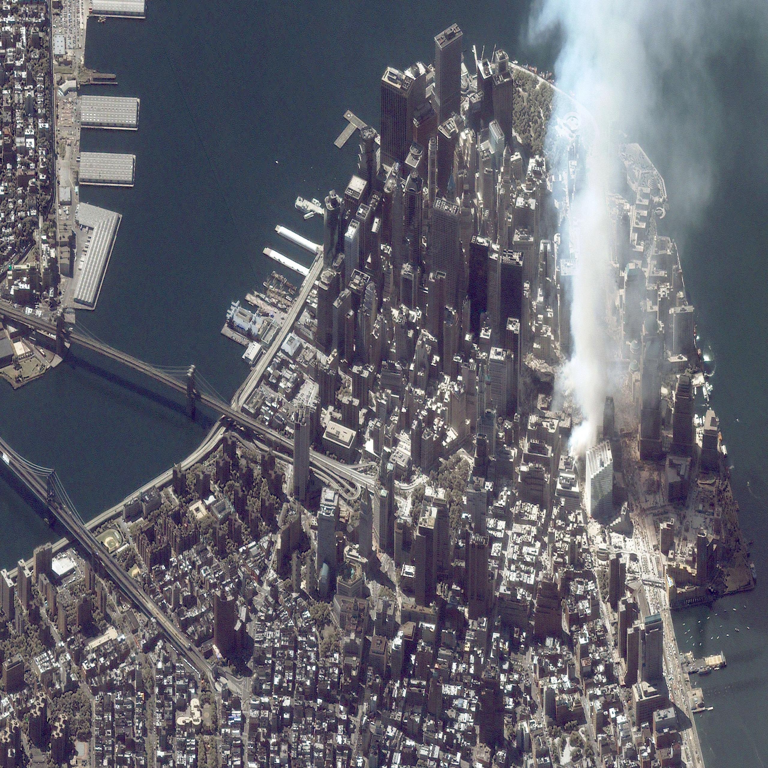 Aerial shot of Manhattan following the 9/11 attacks.