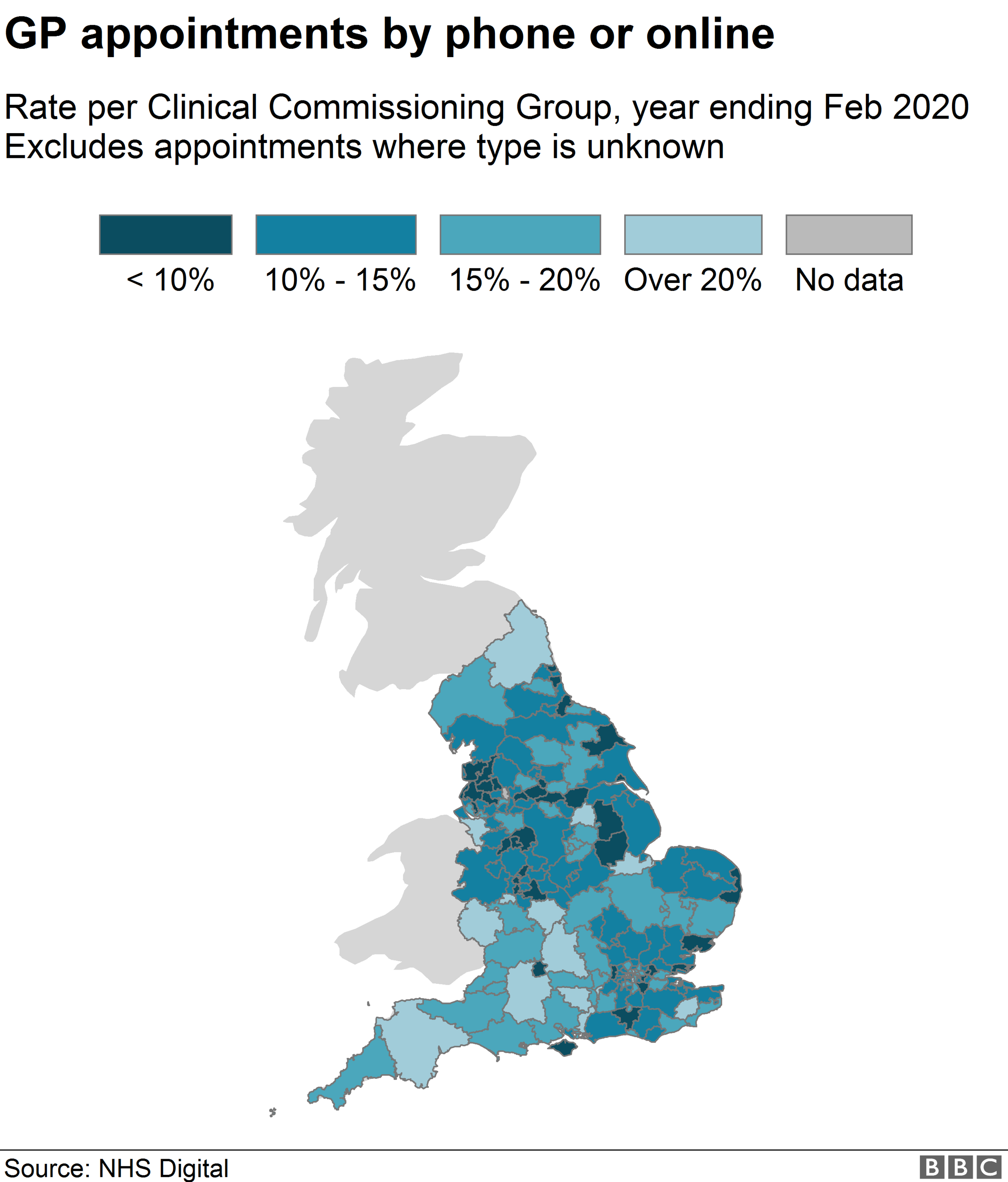 Map showing the prevalence of online or phone appointments before Covid-19