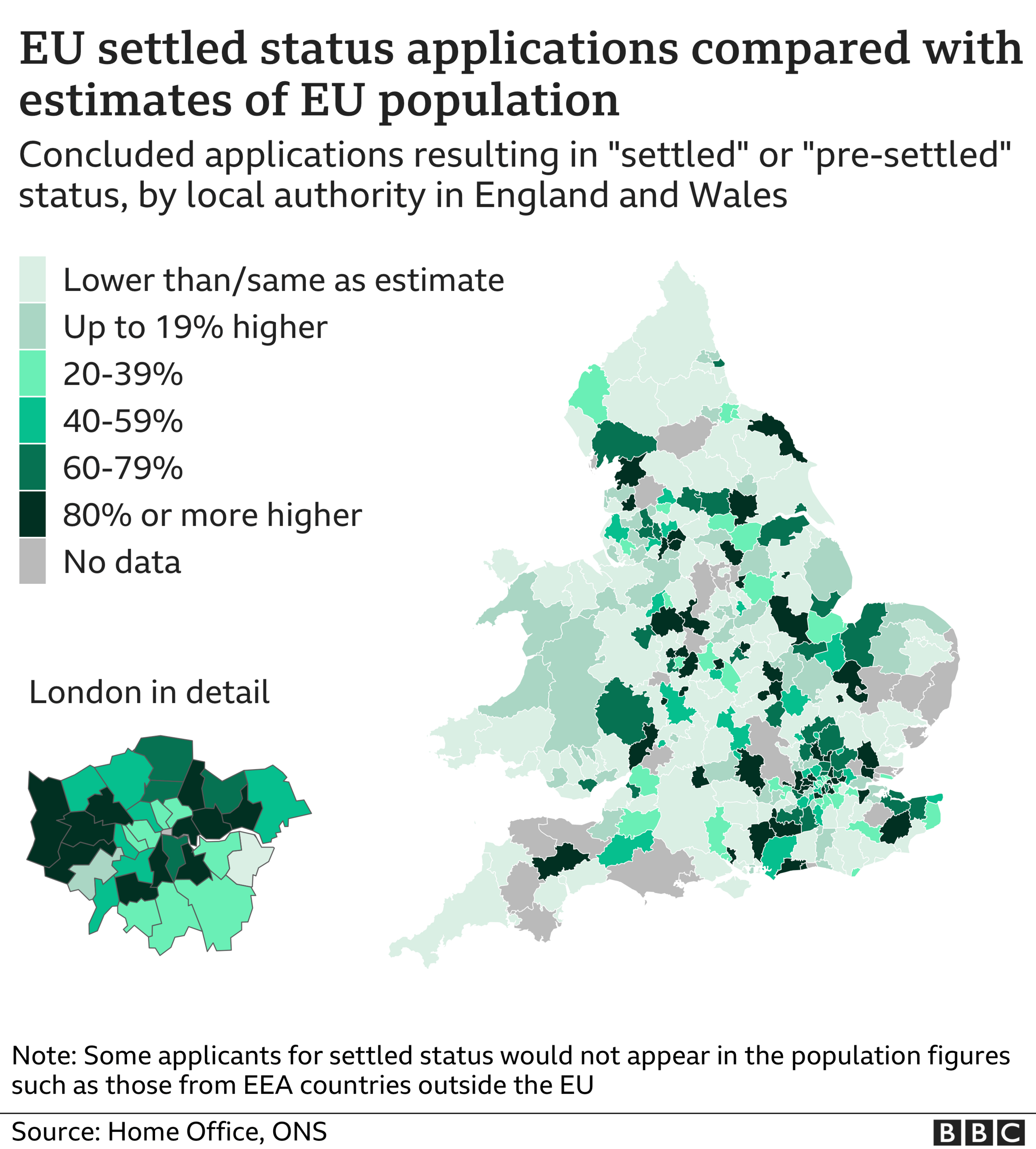 Map showing which areas have had the biggest difference between the previous estimate for population of EU nationals and the number of applicants for the settlement scheme