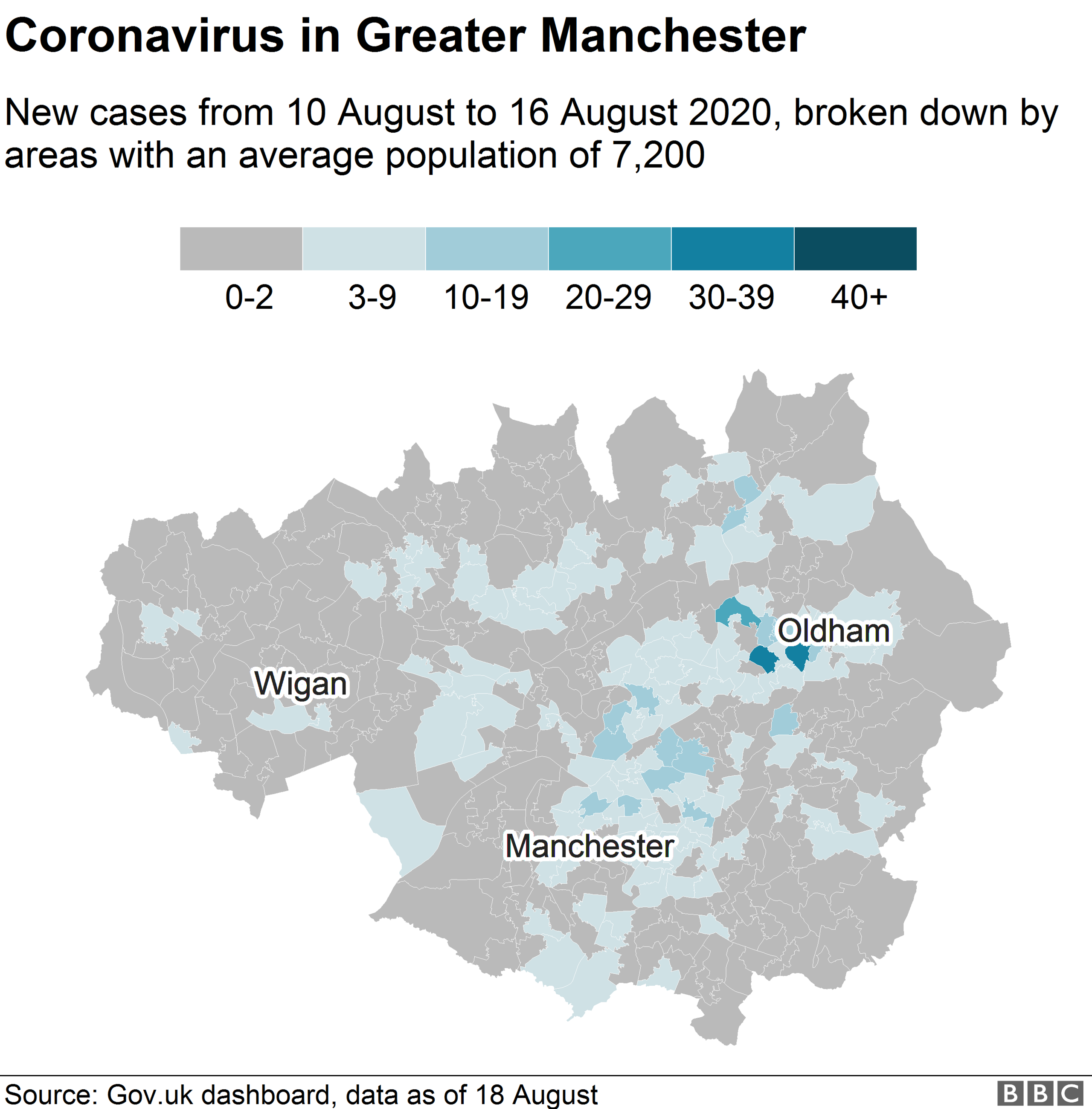 Map showing cases in Greater Manchester