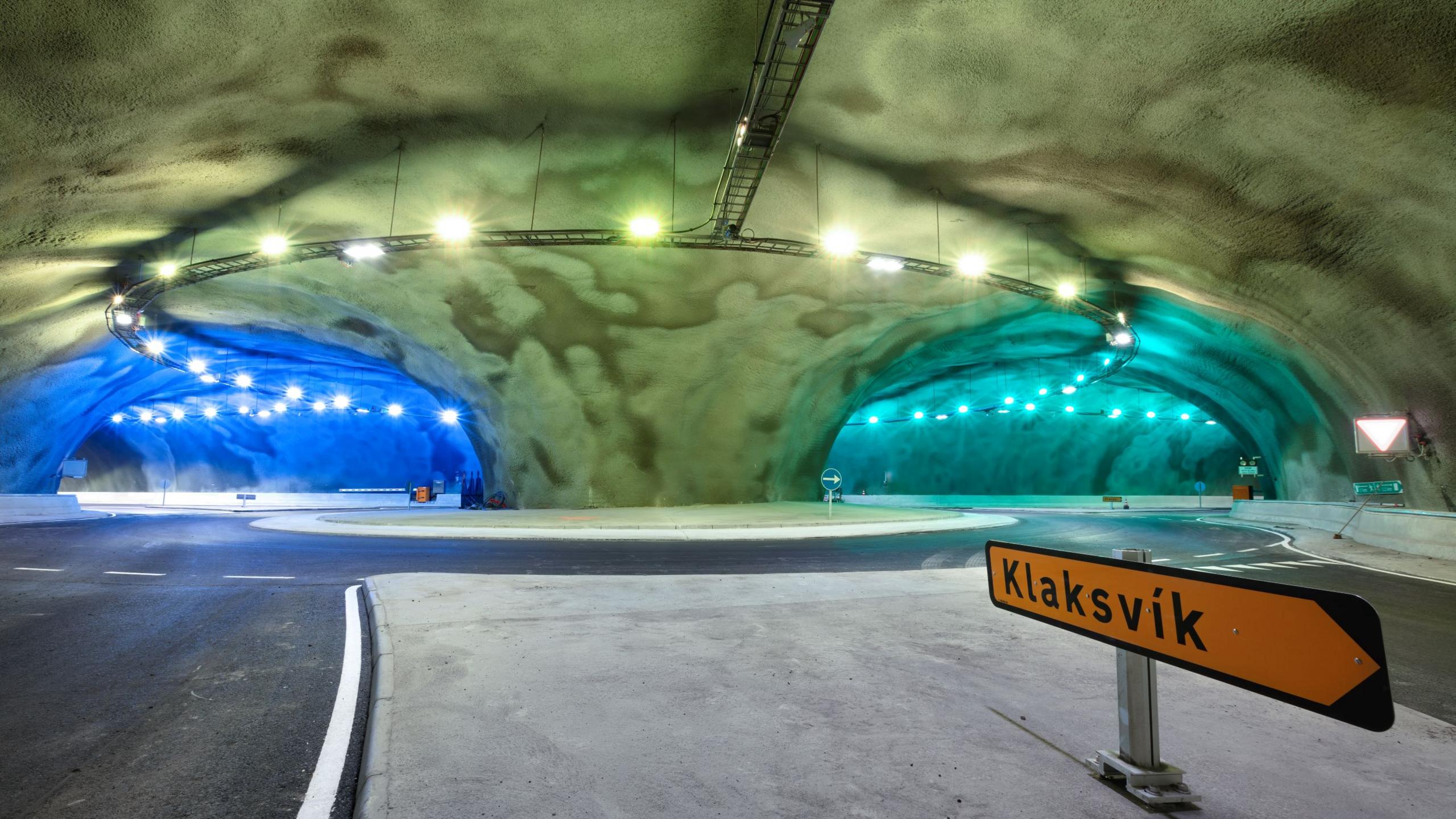 Lights illuminate the roundabout in the middle of the tunnel network