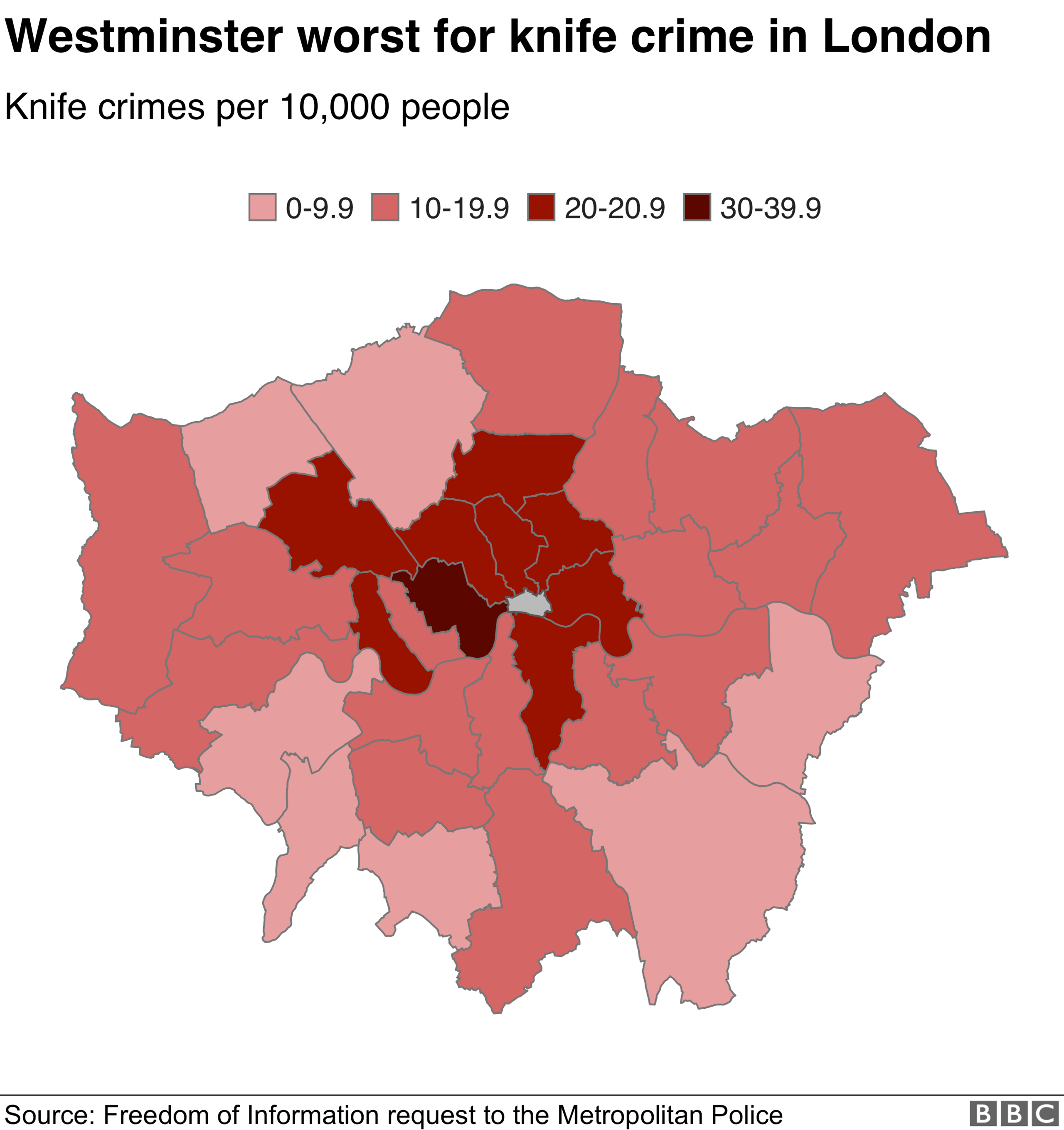 Map showing knife crime levels in London