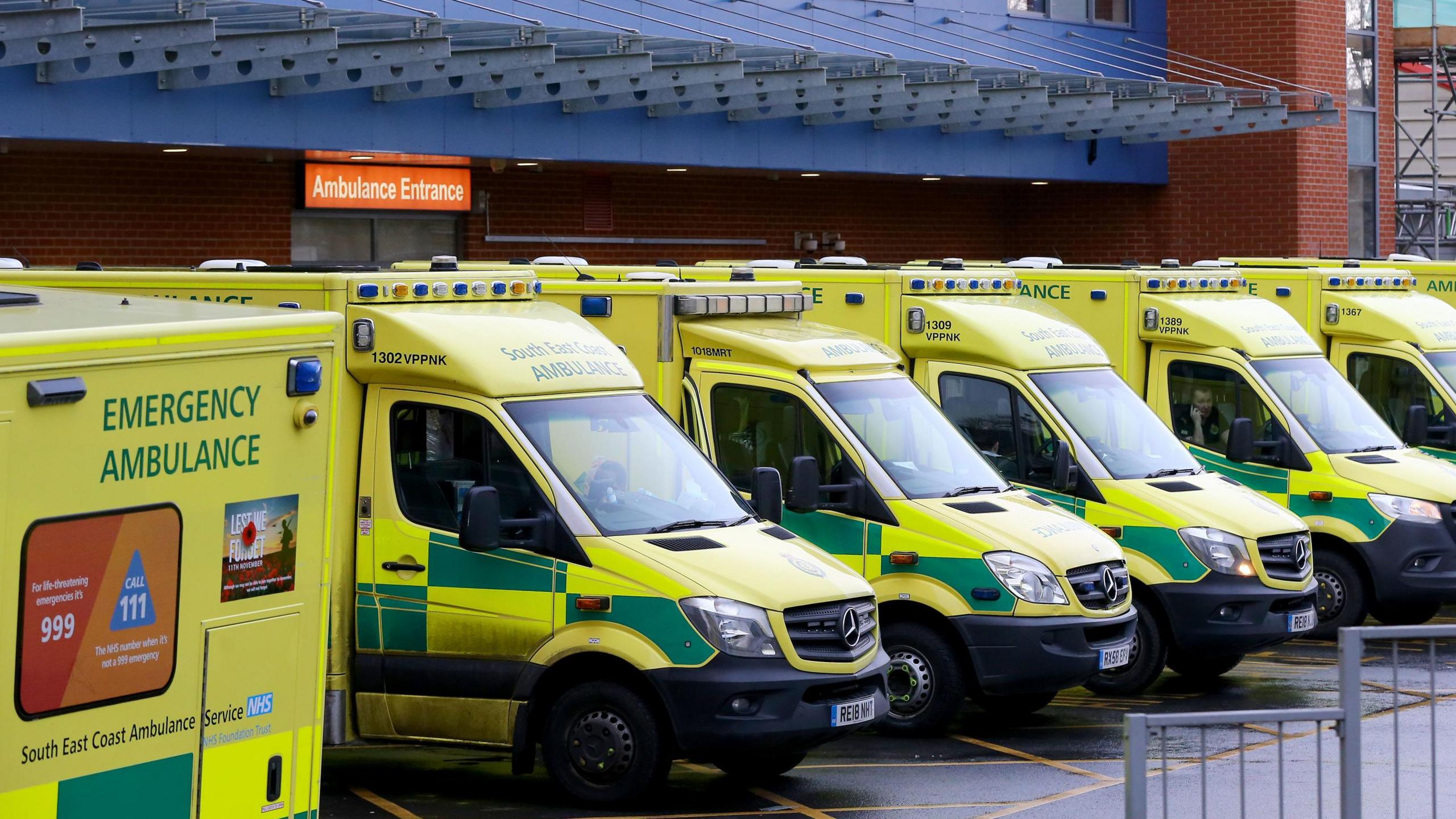 Ambulances lined up outside A&E at Medway Maritime Hospital 