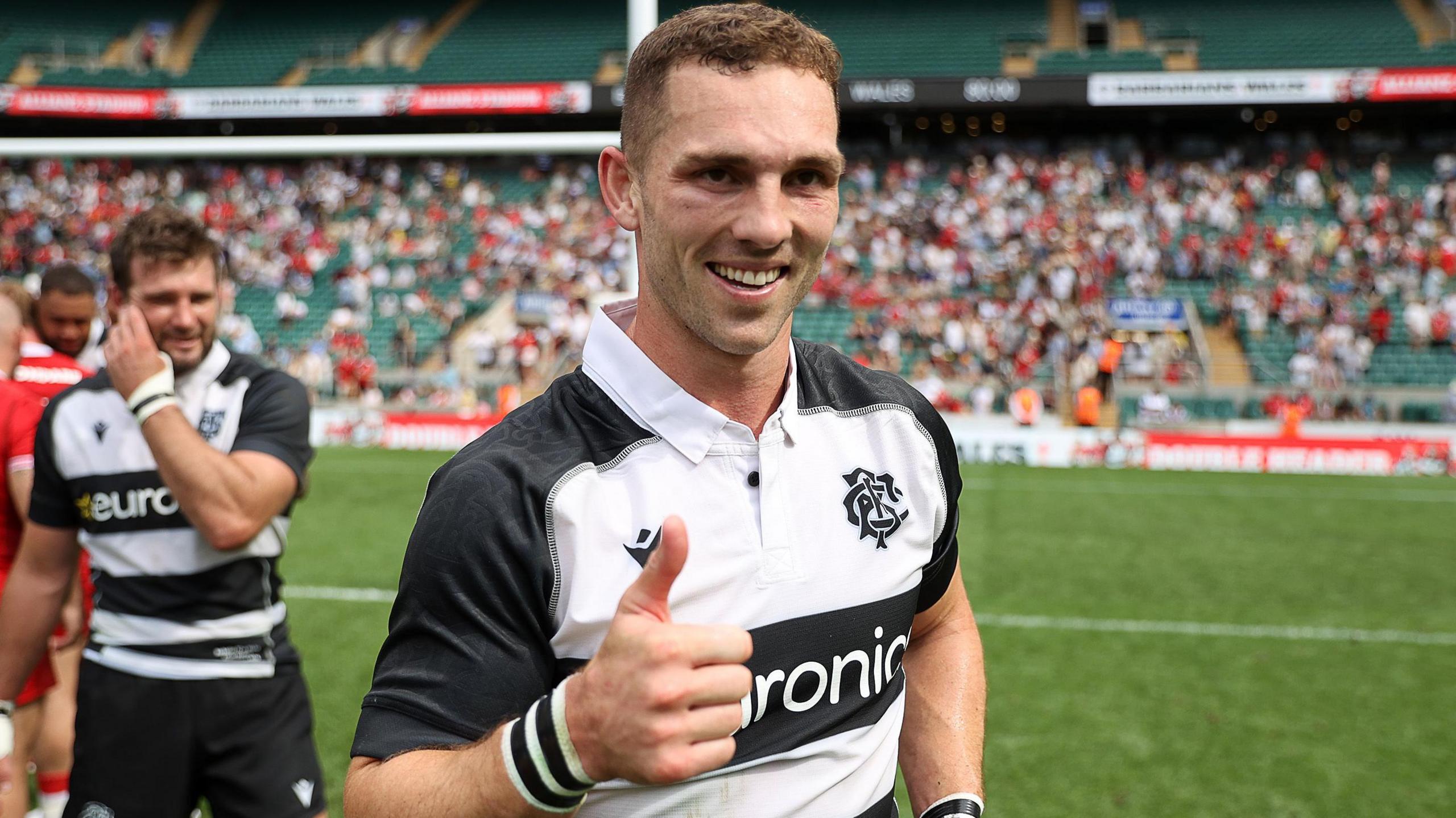 George North with his thumbs up after scoring two tries for Barbarians against Wales