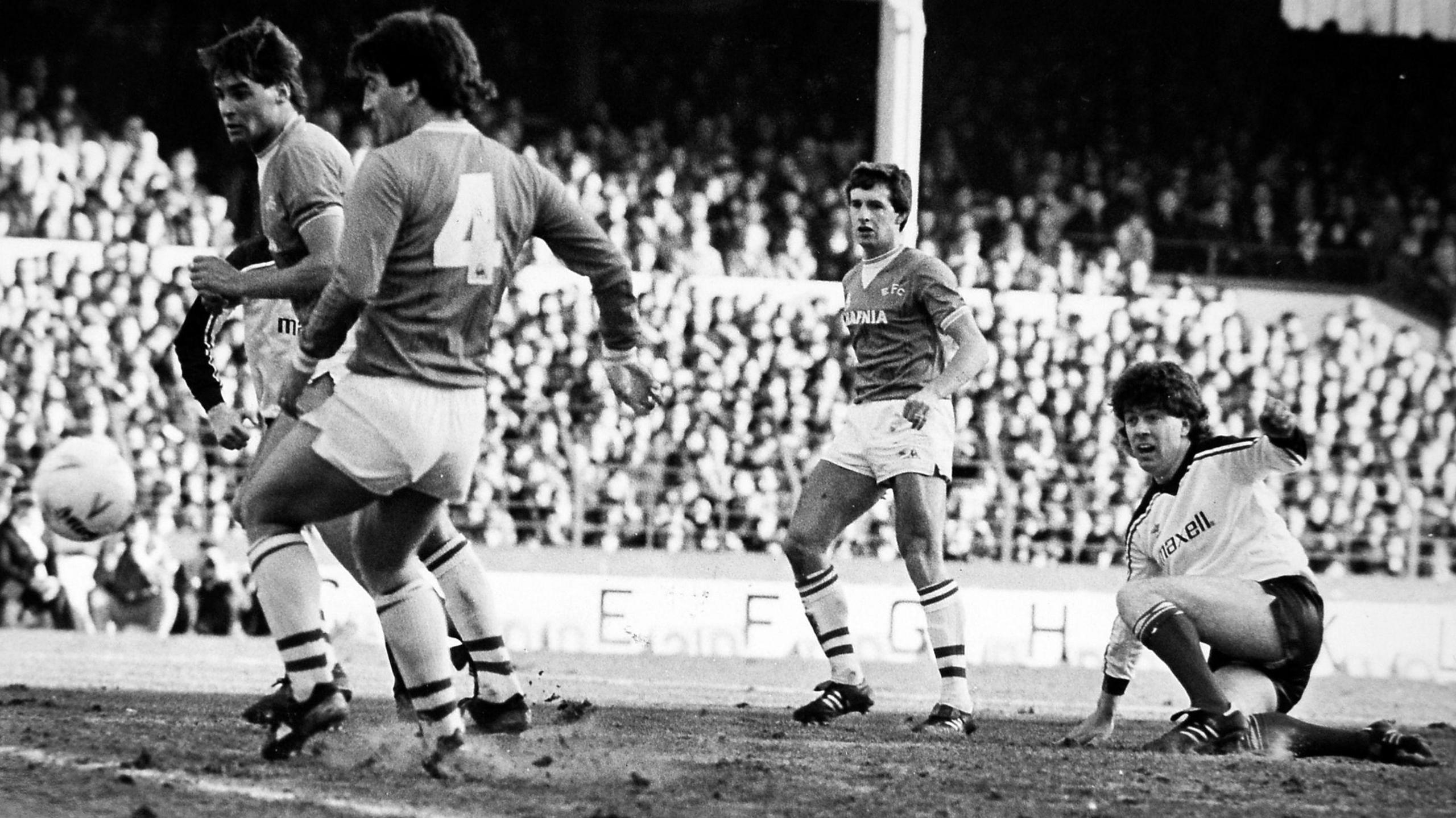 From left: Pat Van Den Hauwe, Kevin Ratcliffe and Kevin Sheedy look concerned but Colin Williams' shot - the first big chance of the game at Goodison Park - was saved