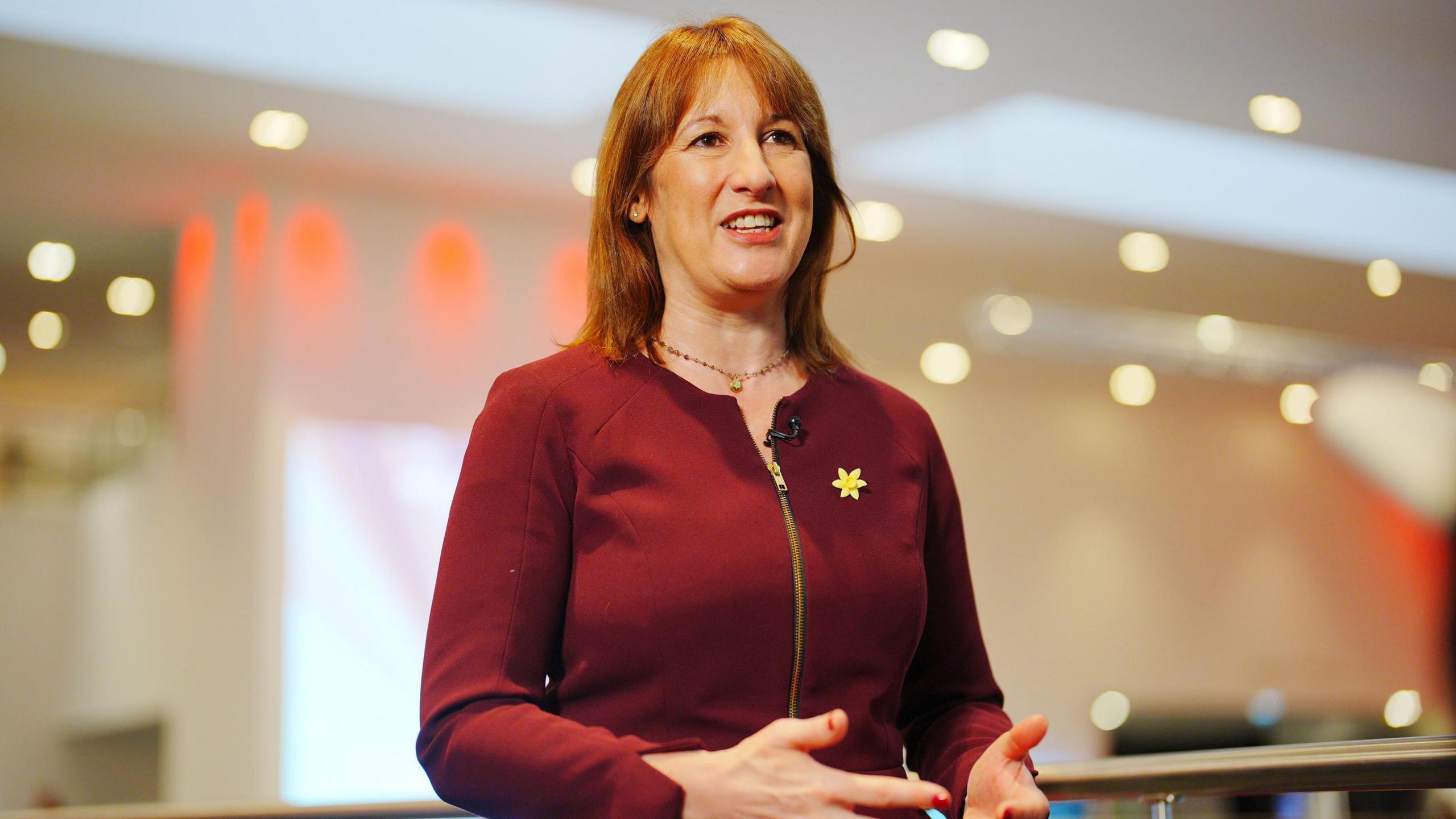 Rachel Reeves speaking to someone out of shot, gesturing with her hands. She is wearing a red top and a yellow poppy.