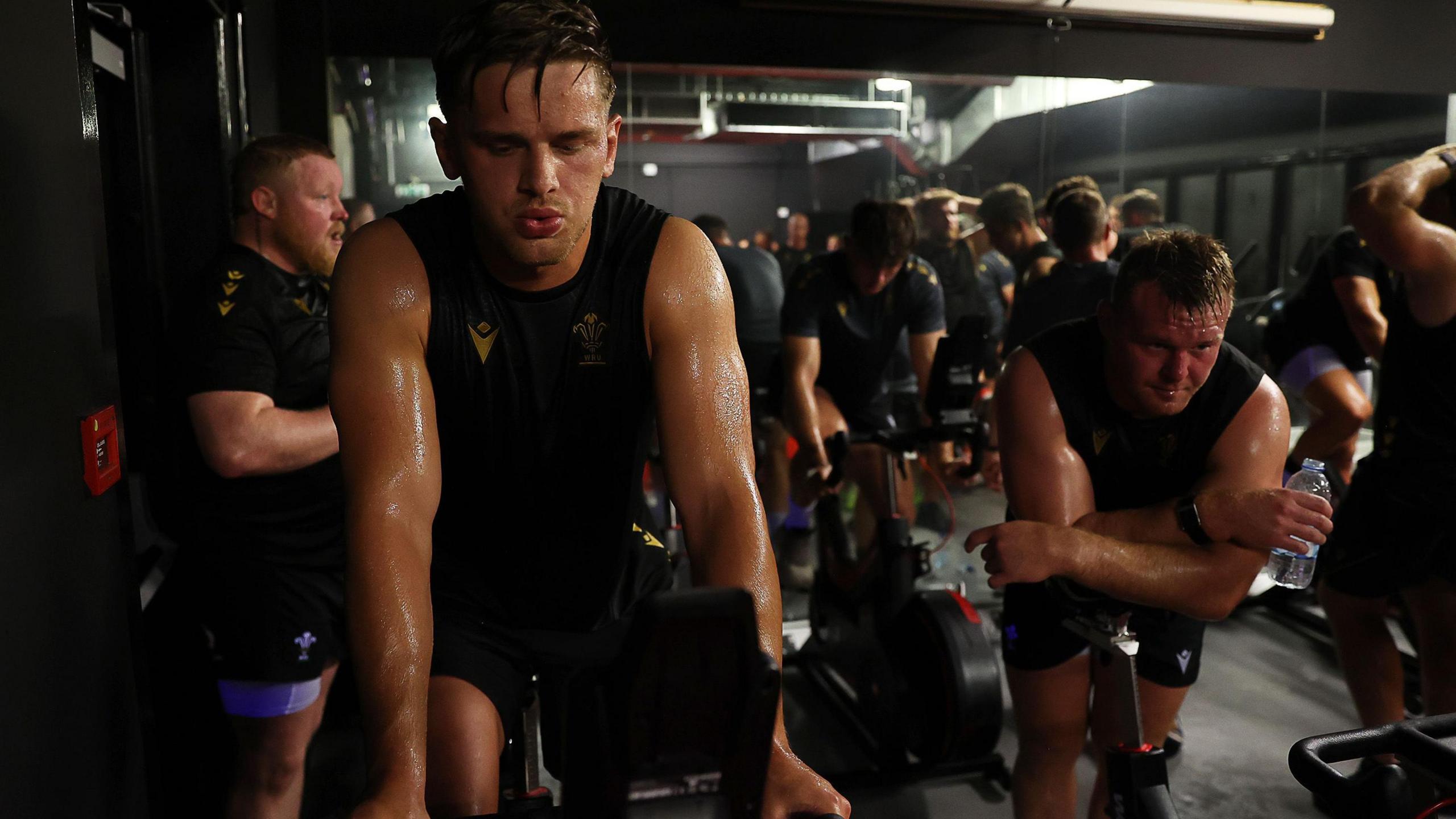 Wales flanker Alex Mann in training in the heat chamber at the Vale of Glamorgan