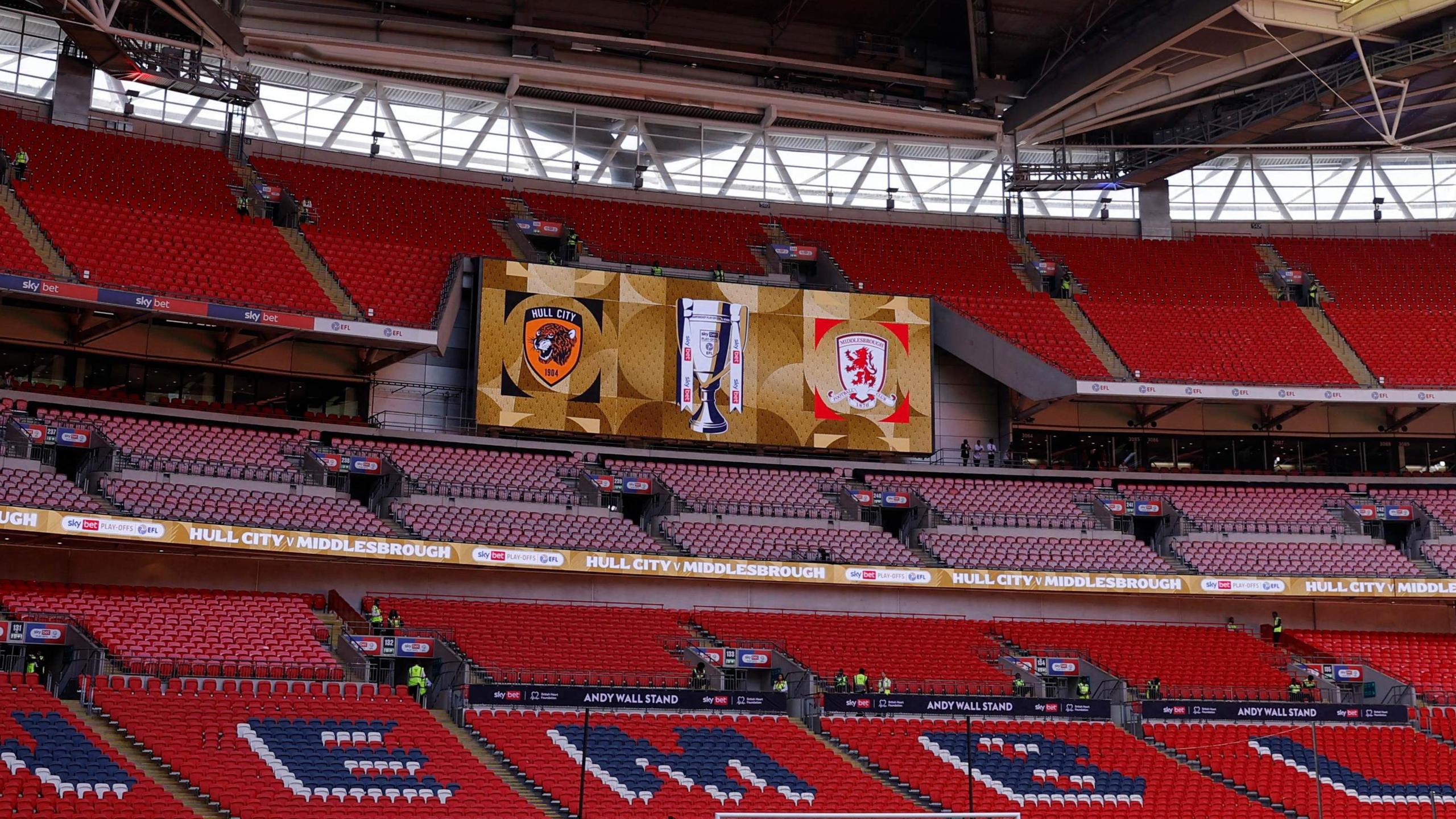 A screen showing Hull City and Middlesbrough badges at Wembley Stadium.