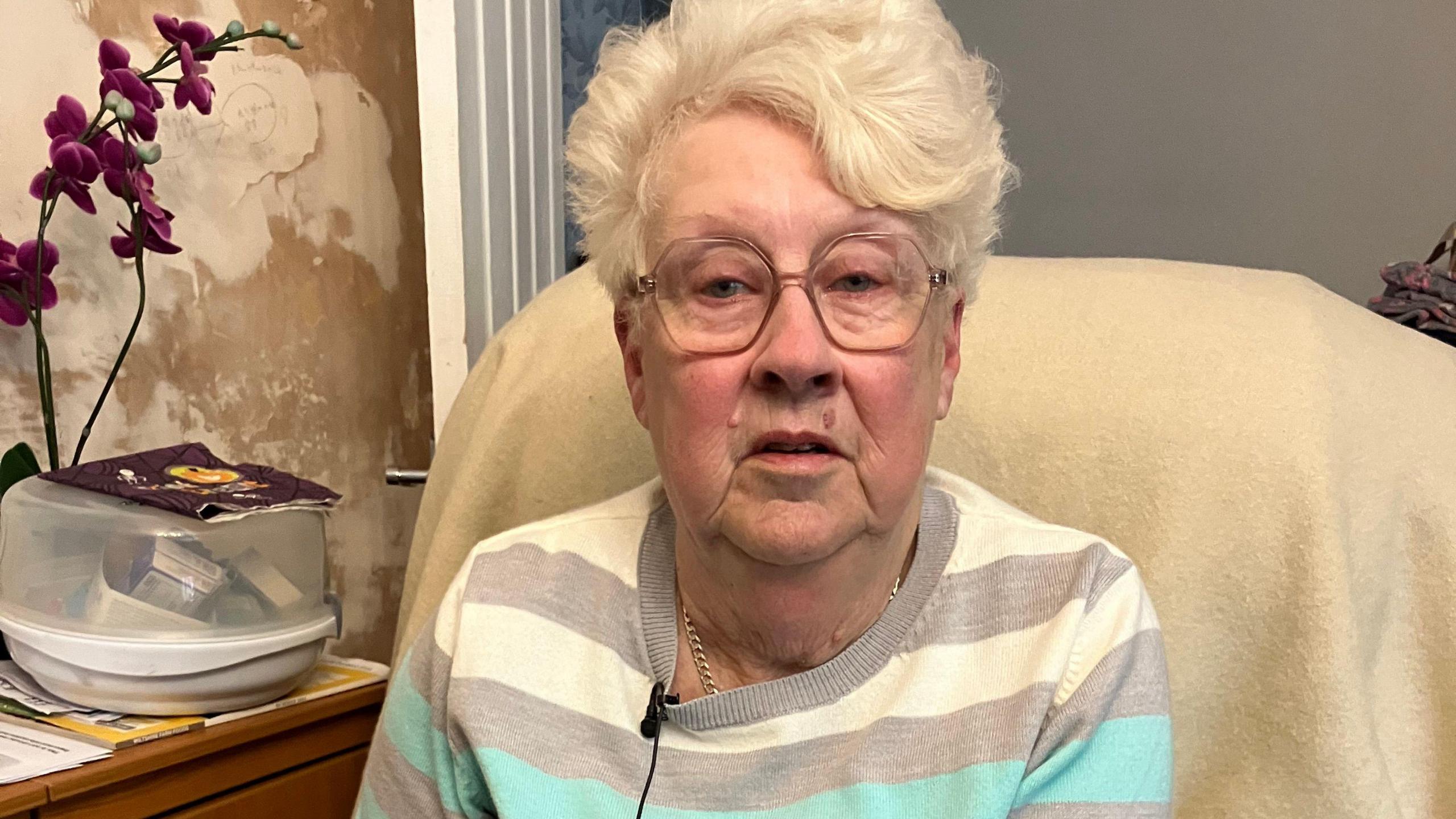 Wendy Hinton, a woman in her early 70s looks at the camera. She has short white/grey hair, and is wearing a striped top and thin, metal framed glasses. Behind her armchair, you can see a water-damaged wall, an orchid, and an internal door leading into another room.