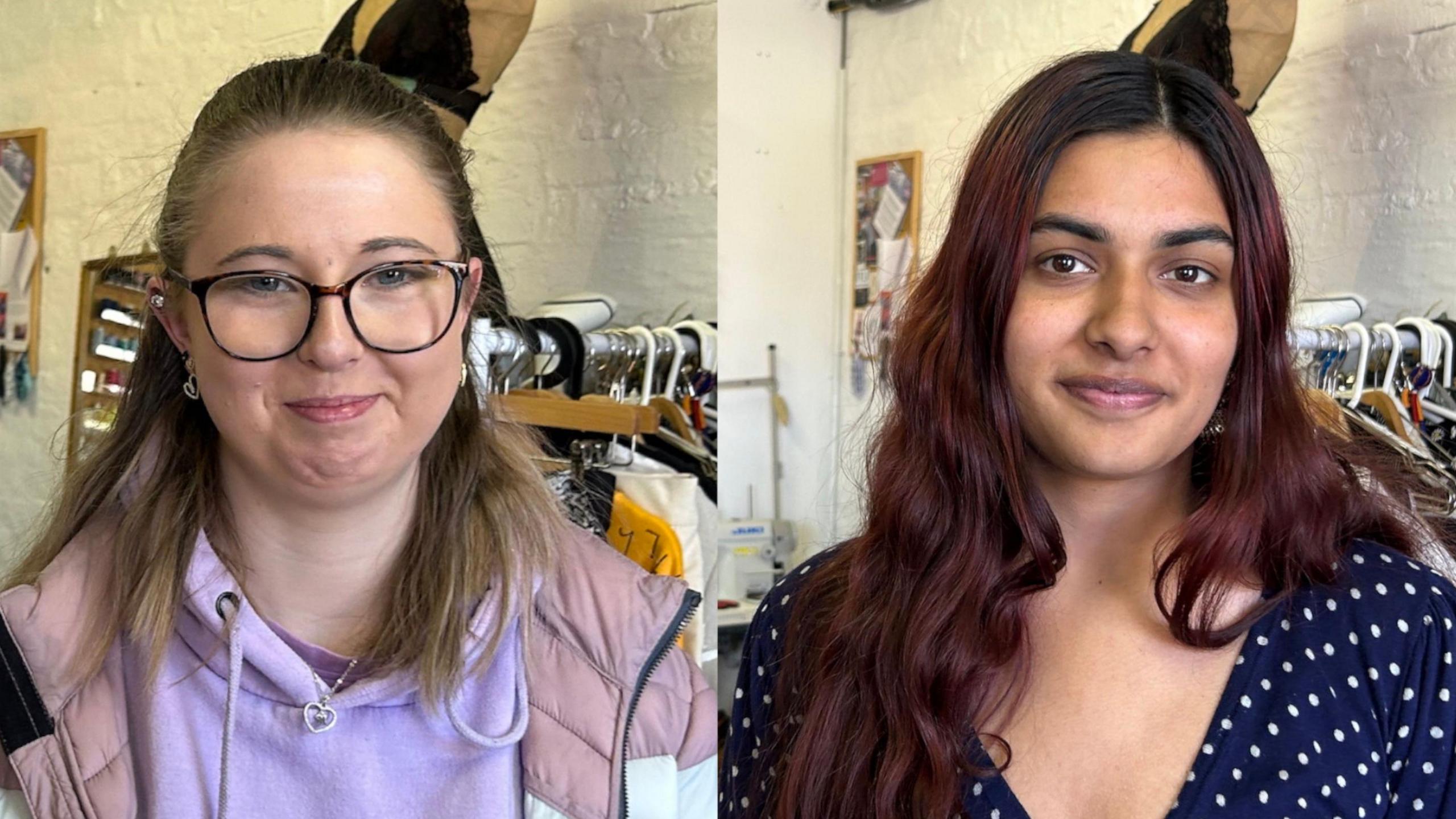 A split screen image of two young women. On the left is a white woman, smiling, wearing glasses with shoulder length, dark blonde hair. On the right there is another woman smiling. She has long, dark wavy hair.