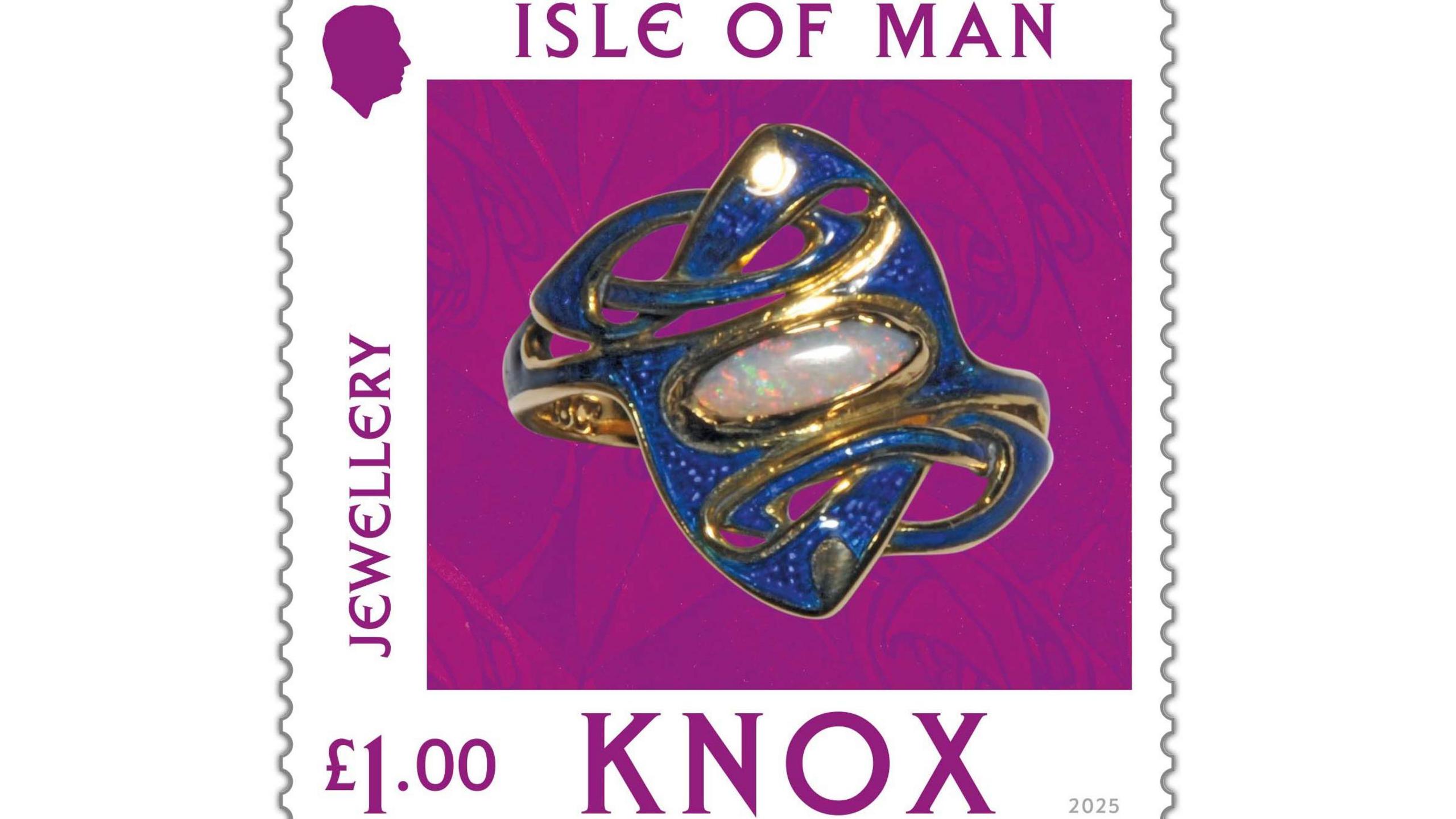 A gold metalwork ring which is painted blue the swirling celtic design interlocks within itself, the stamp has a purple background and says Knox underneath.