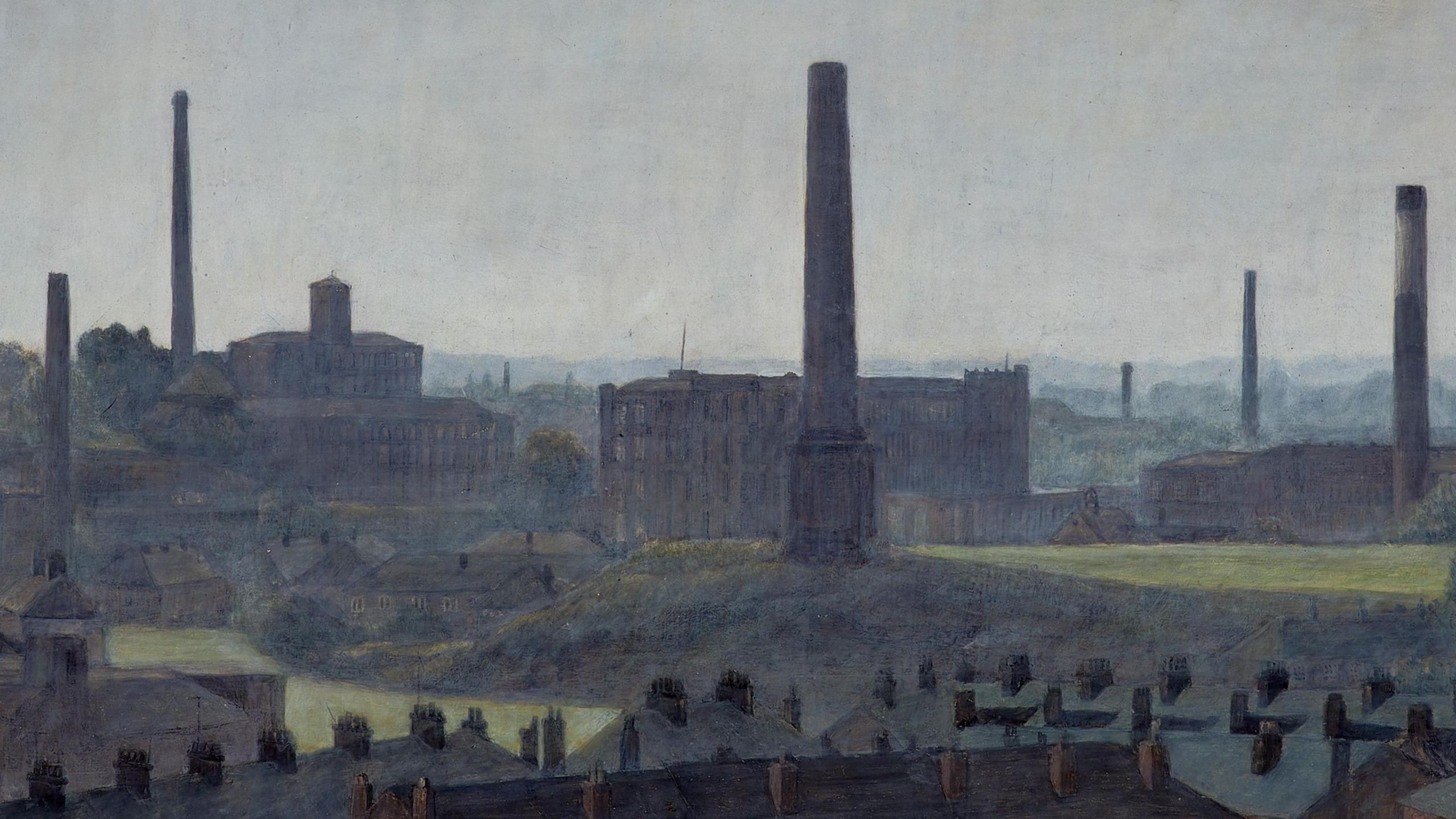 Helen Clapcott painting  Brinksway 1979, Before The Motorway showing mills, smoke and countryside in a district of Stockport that was turned into a motorway.