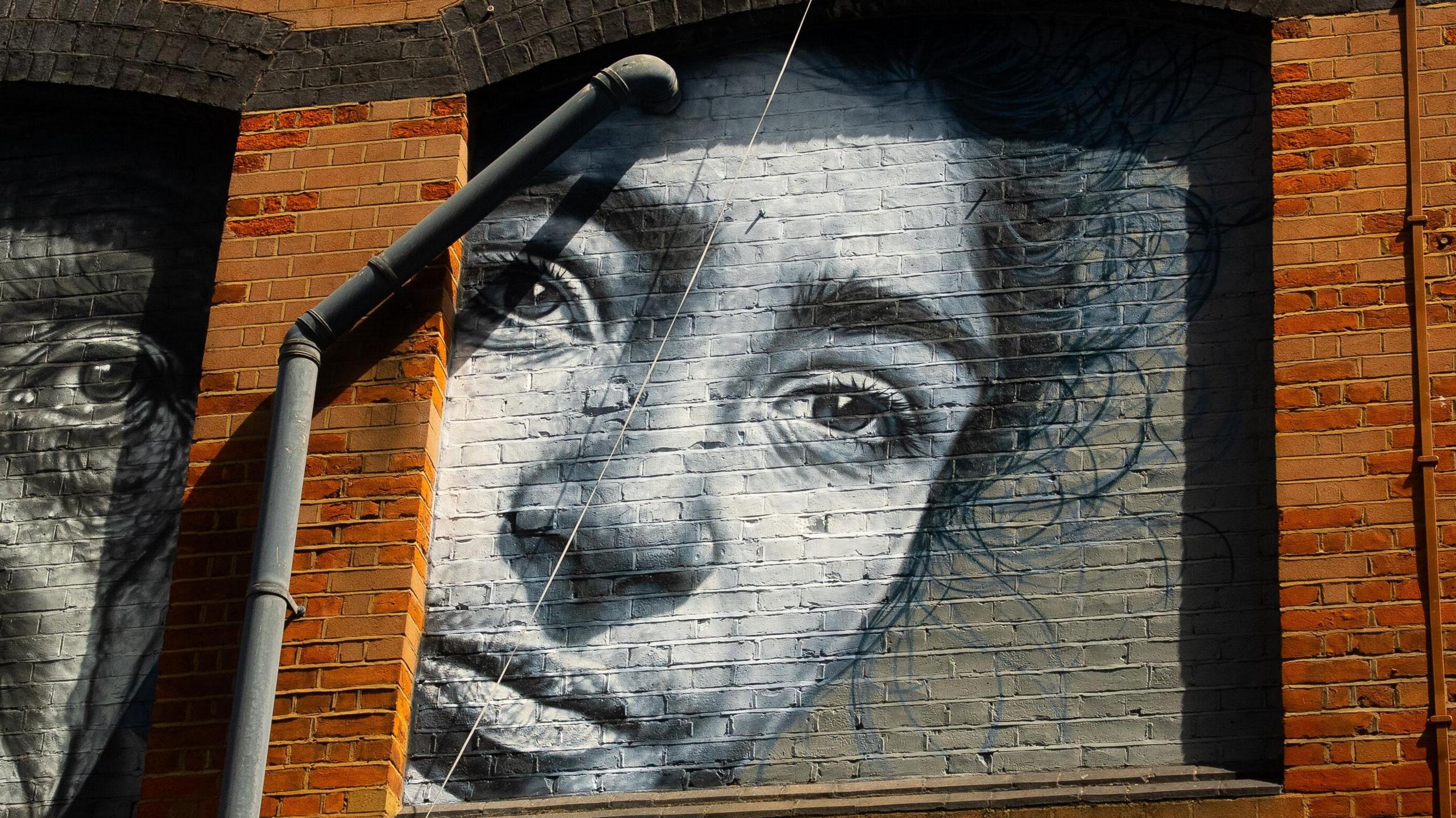 A close-up black and white mural of a young woman captured by Paul Trevor in 1982.