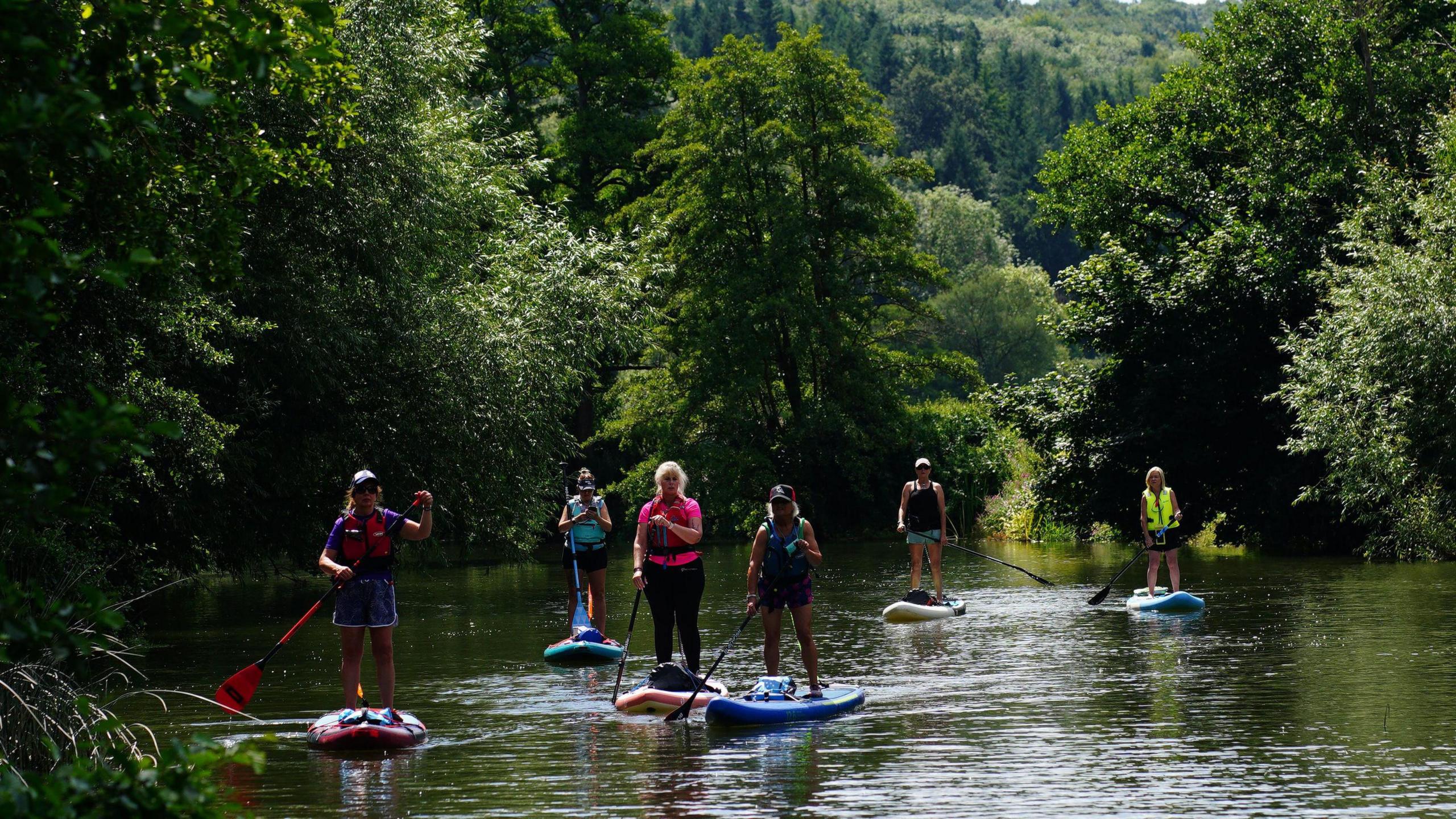 A group of people paddleboarding down a river