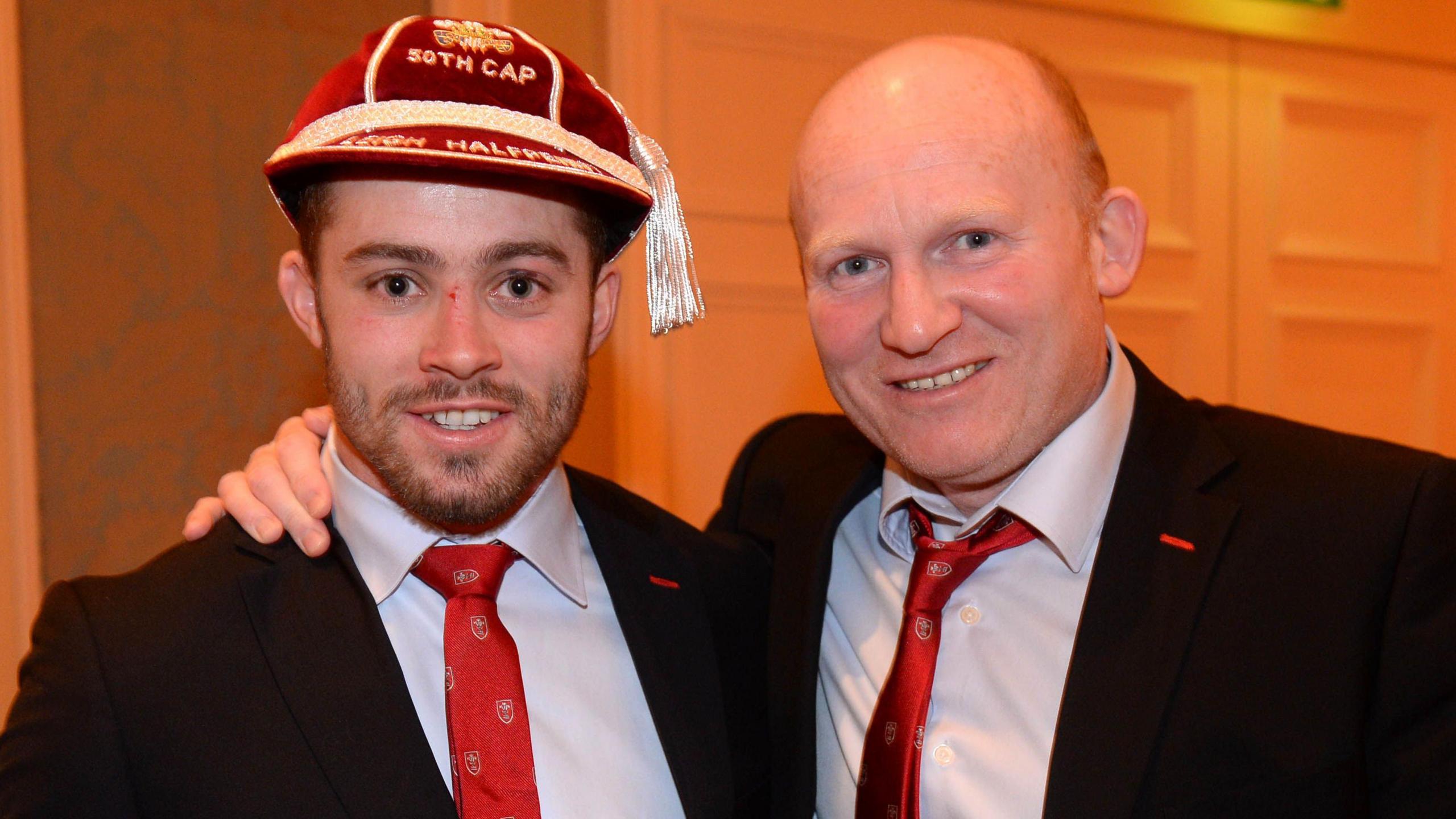 Neil Jenkins and Leigh Halfpenny together after the full-back had won his 50th Wales cap in 2014