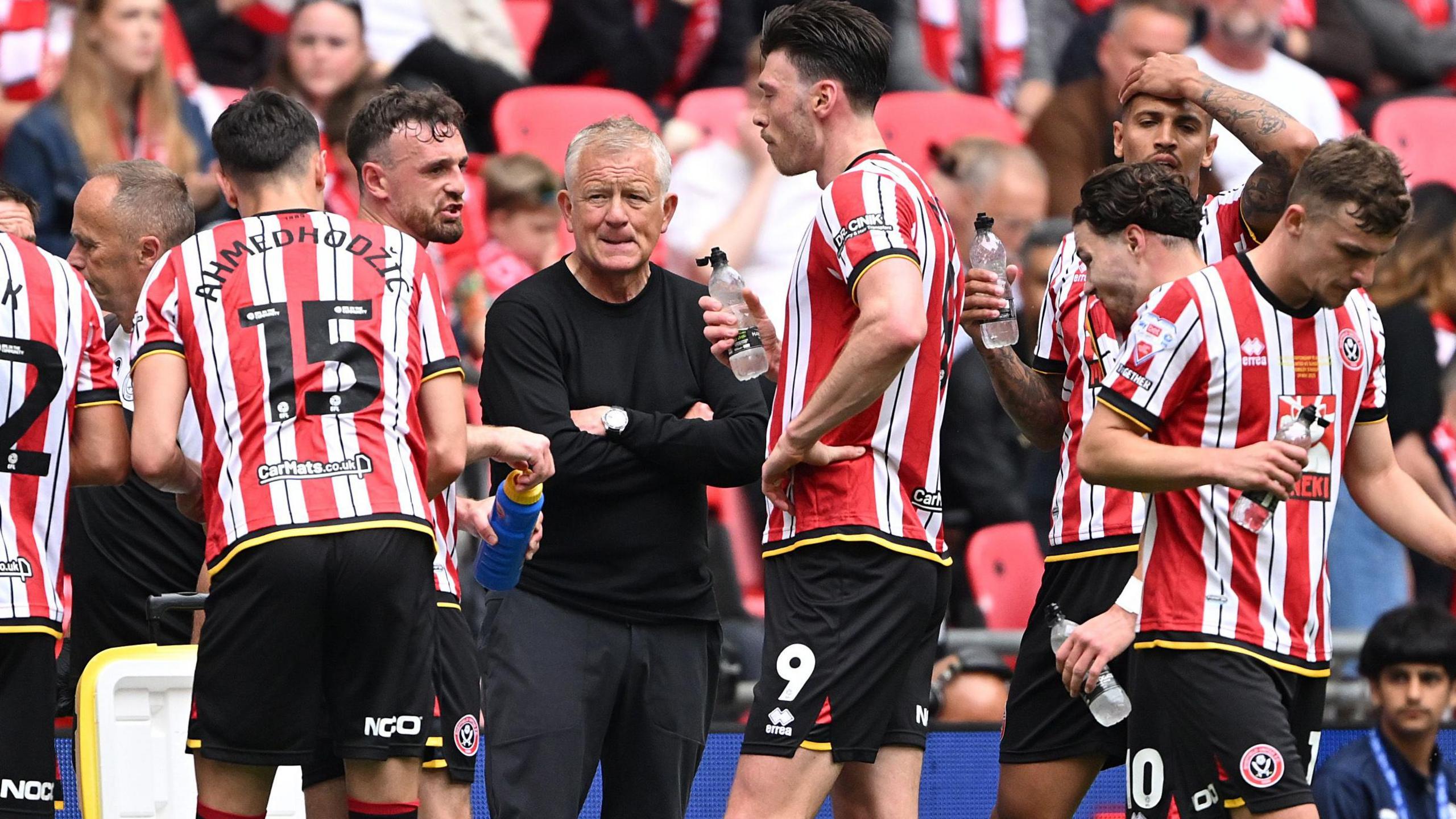 Sheffield United boss Chris Wilder with his team during their Championship play-off final against Sunderland in May