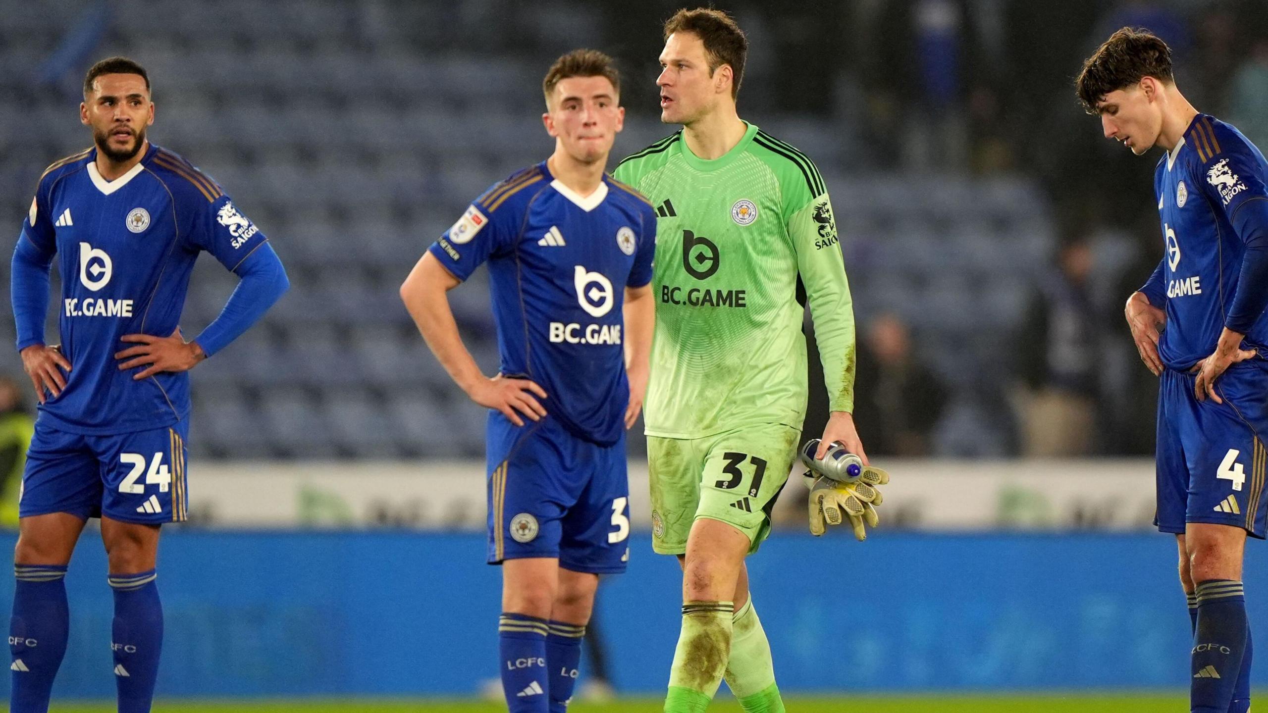 Leicester City's Jamaal Lascelles (far left), Luke Thomas, goalkeeper Asmir Begovic and Ben Nelson (far right) show their dejection after losing 4-3 to Southampton