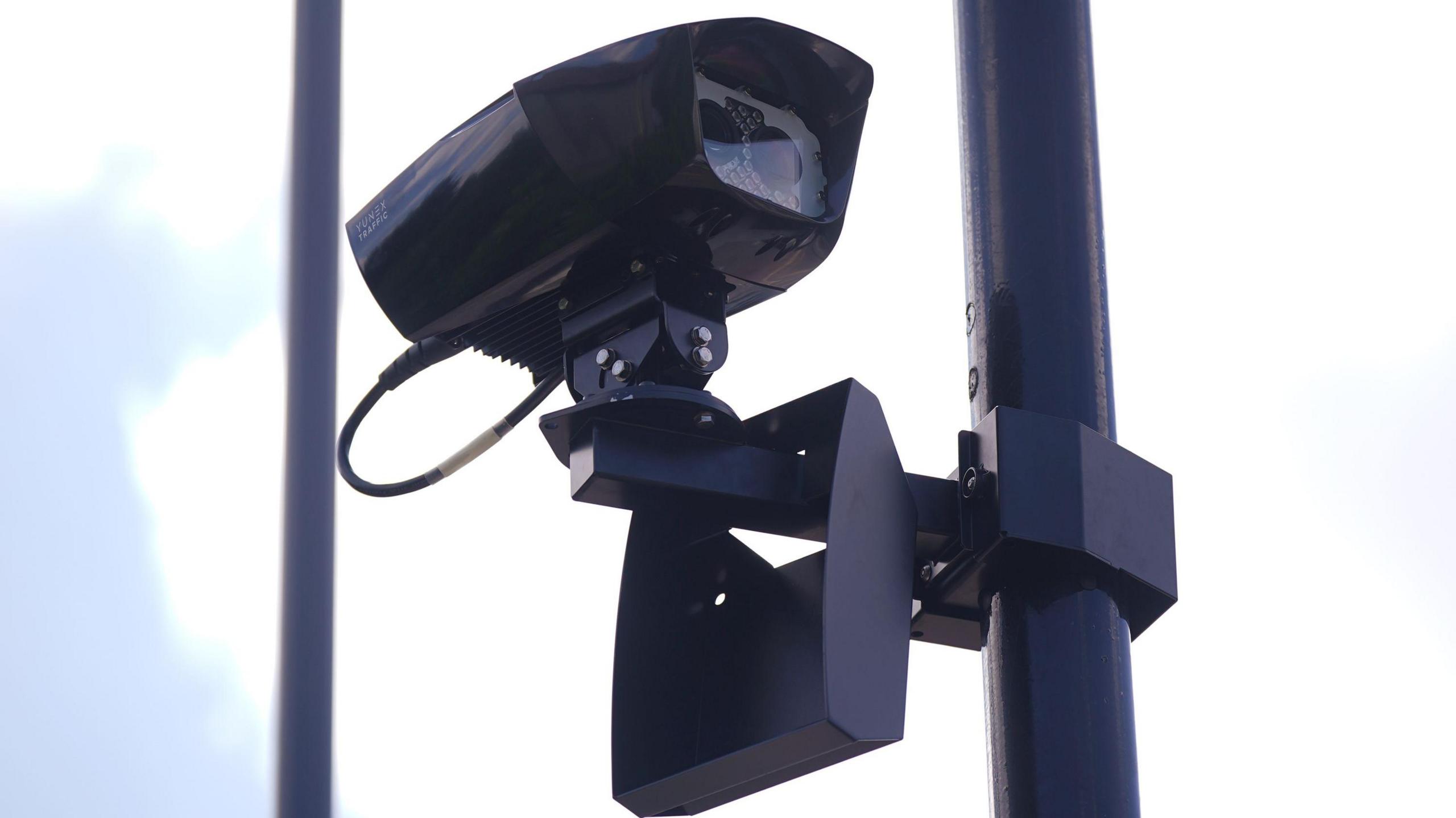 A close up of a black Ultra Low Emission Zone (Ulez) camera.