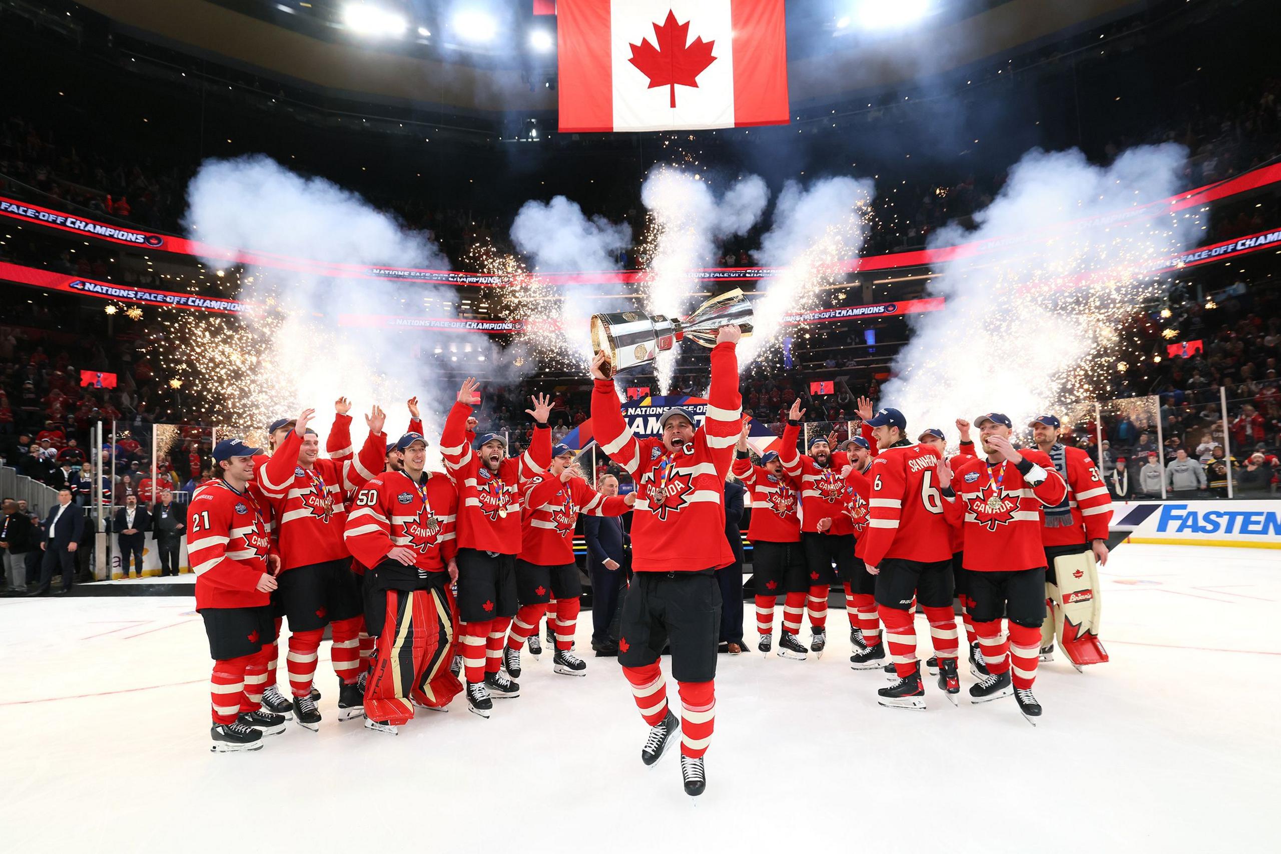 Canada's Sidney Crosby leads the celebrations after victory over the United States to win the NHL 4 Nations Face-off in Boston