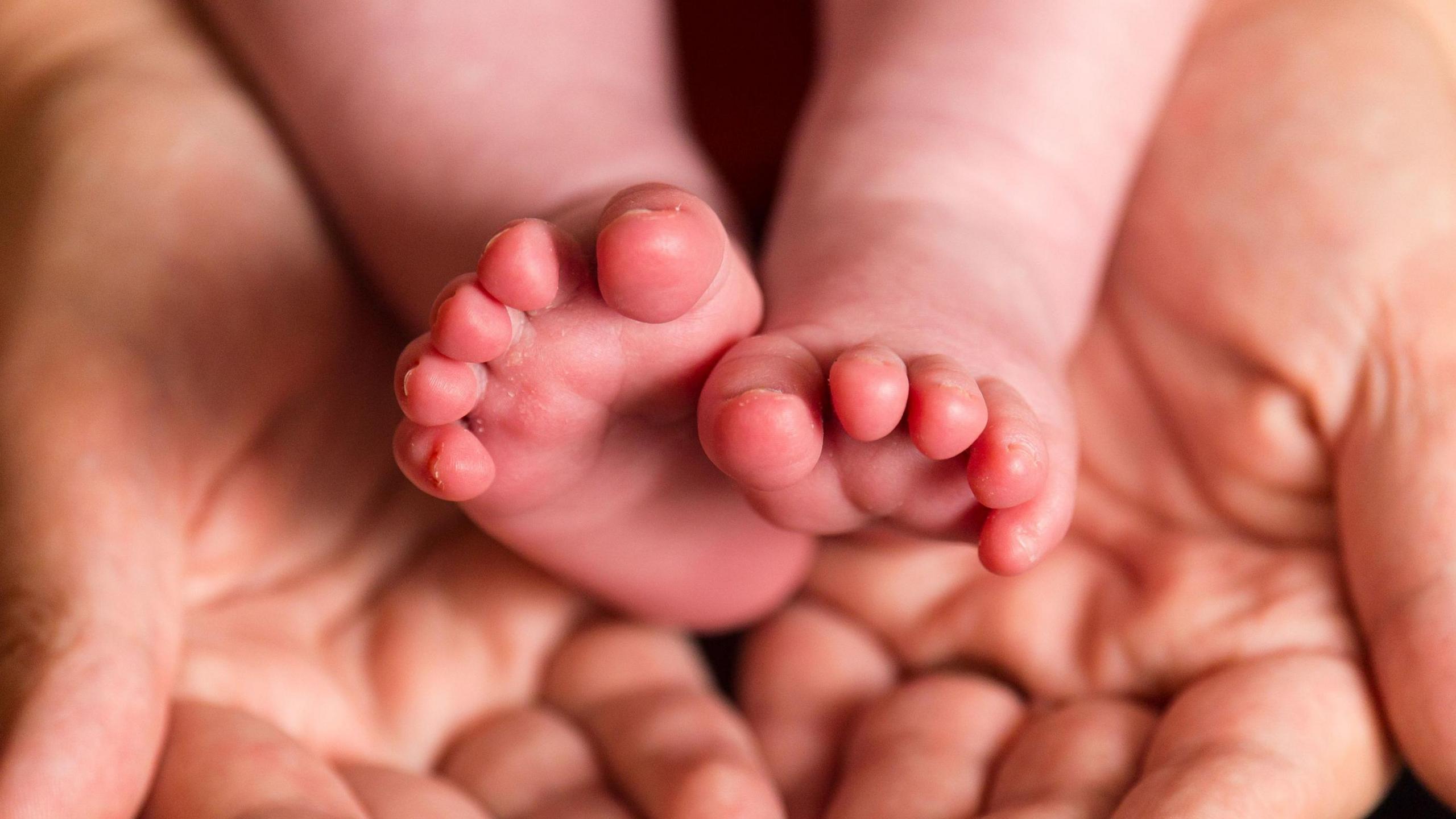 A baby's feet being held in a woman's hands