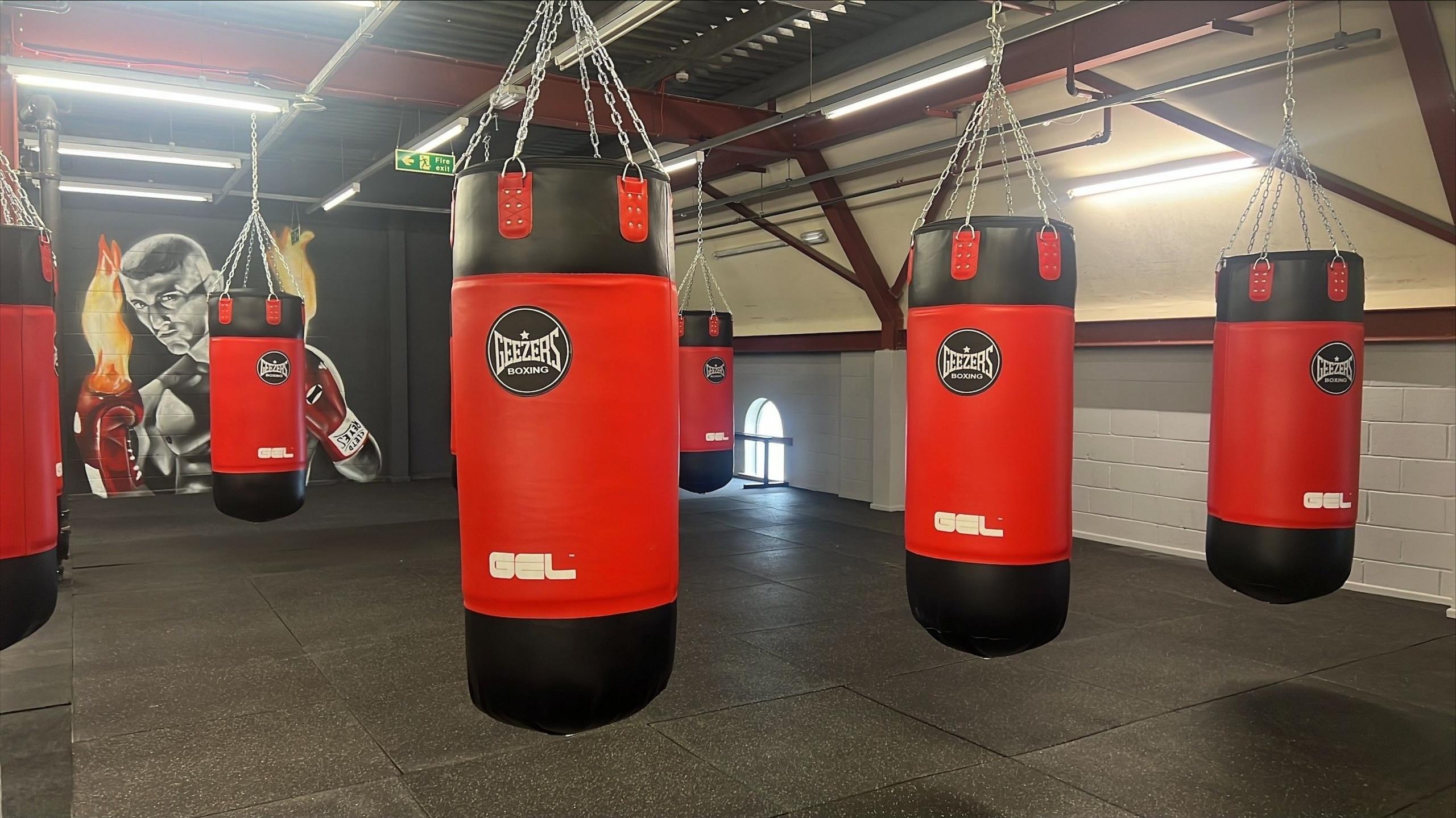 Collection of punchbags hang from the ceiling of the boxing gym - they are vibrant red with black bases and tops