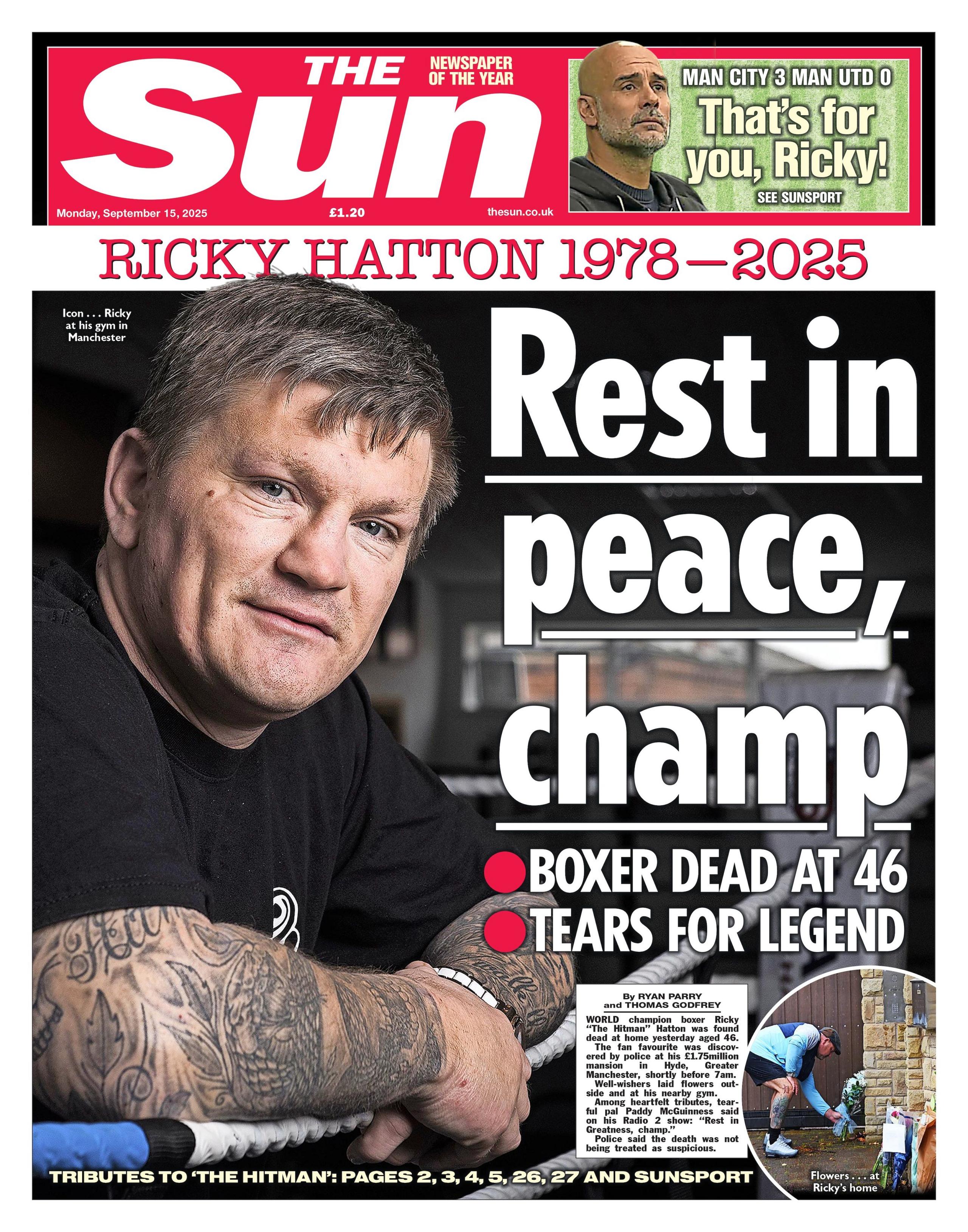The Sun's headline is Rest in Peace, Champ