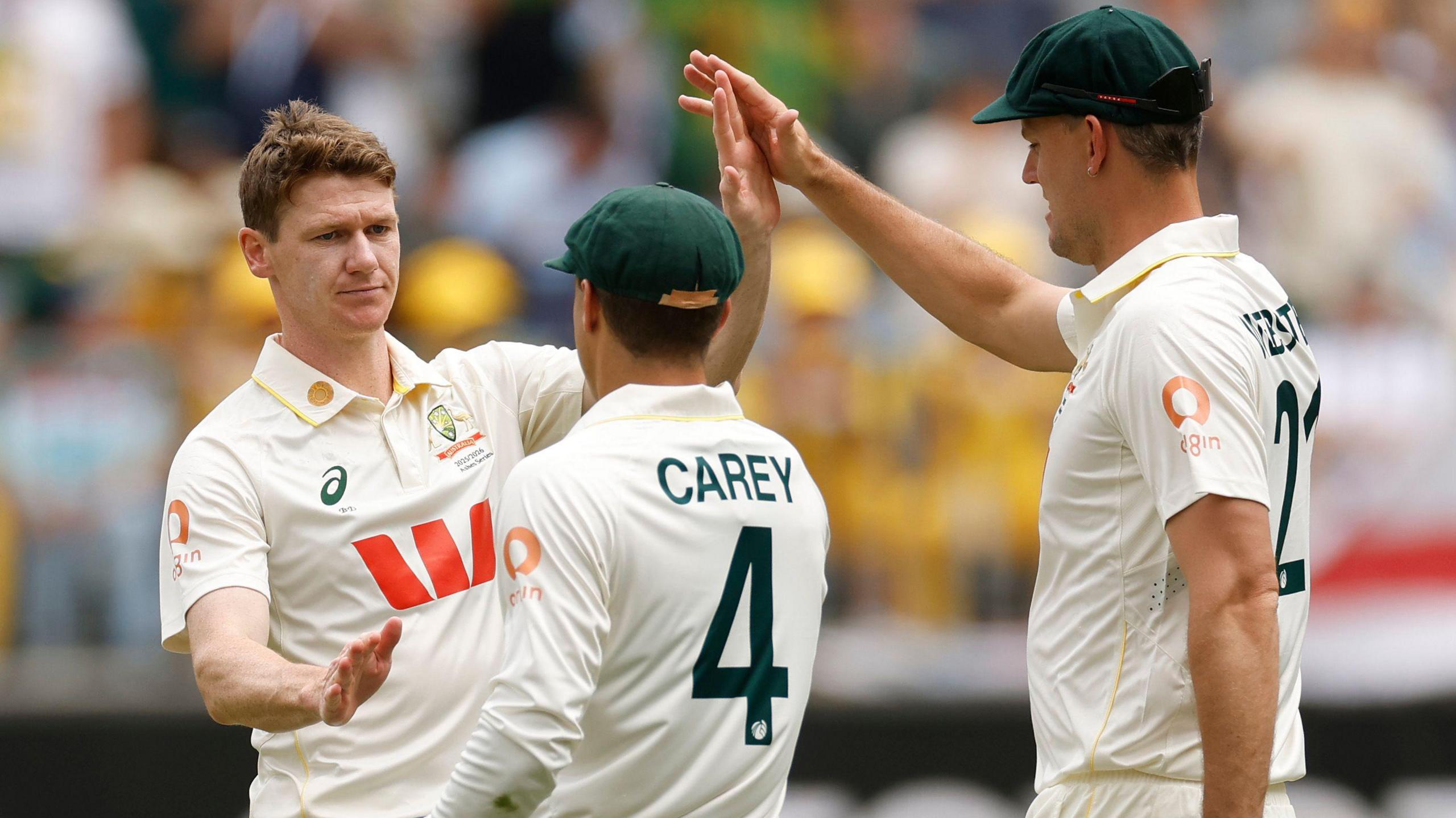 Australia players celebrate a wicket