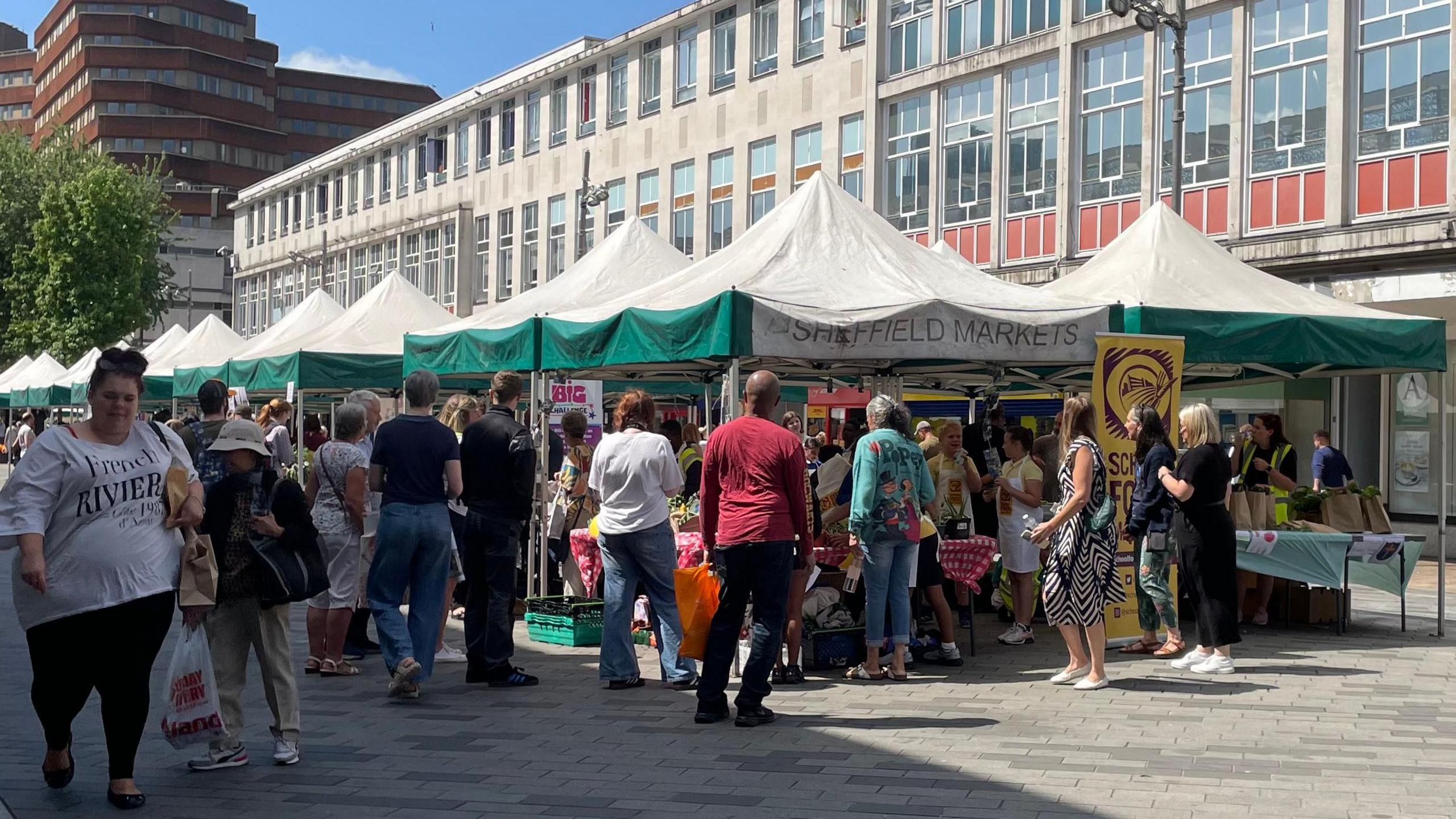 A wide-shot of the busy Moor Market.