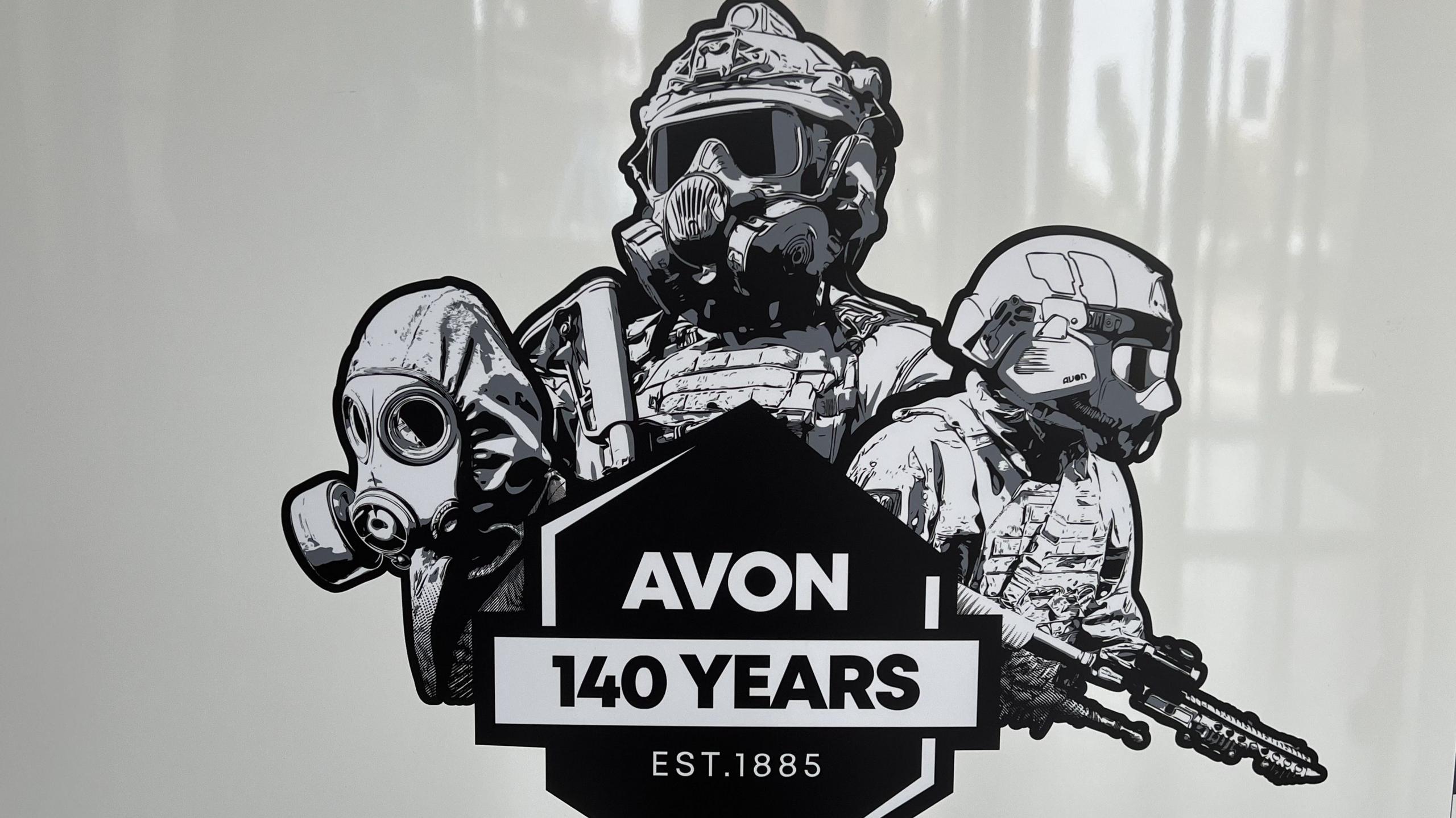A black and white logo with three war fighters wearing respiratory equipment above a diamond that reads 'Avon, 140-years, EST. 1885'.