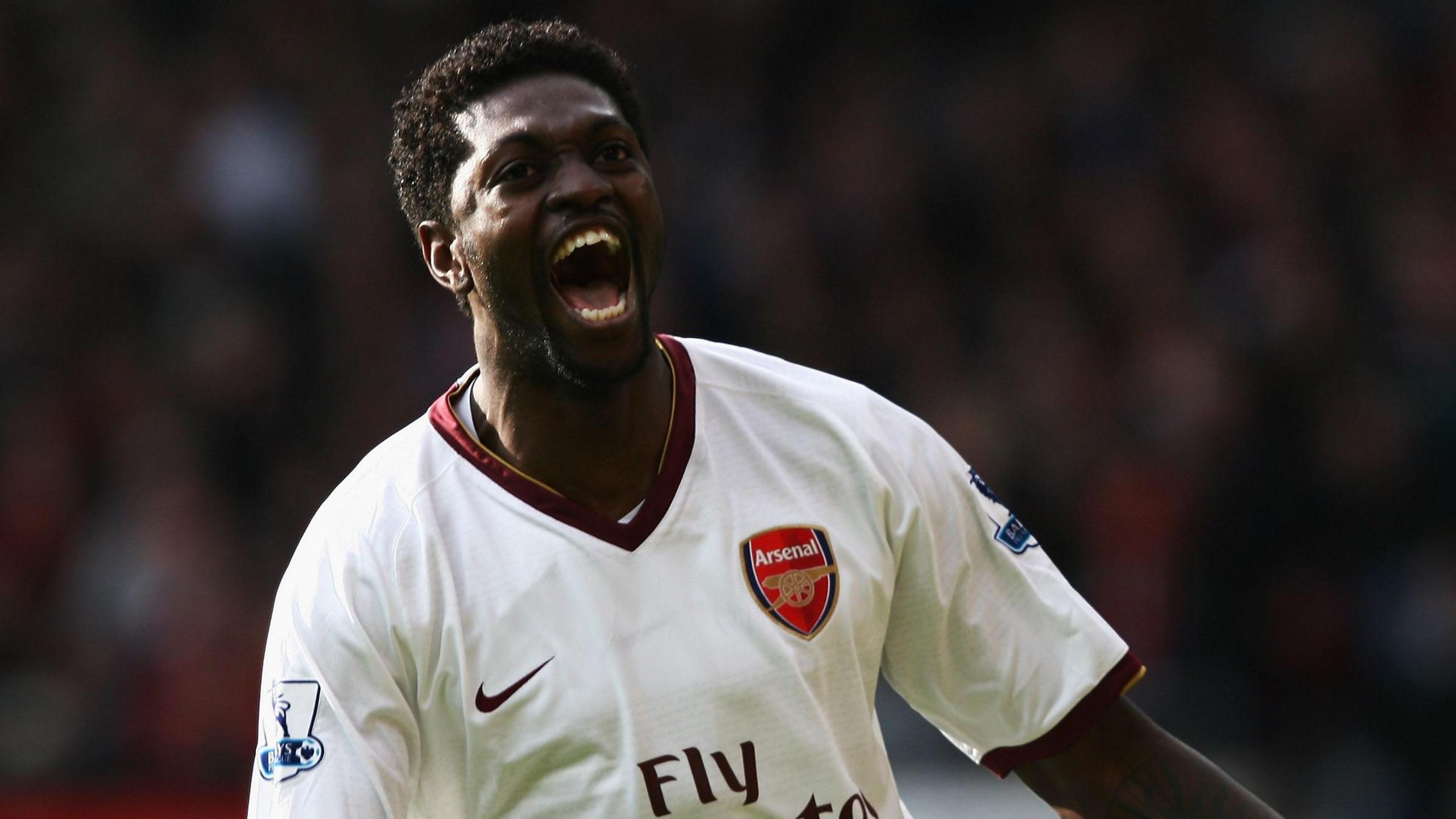 Emmanuel Adebayor celebrates a goal for Arsenal