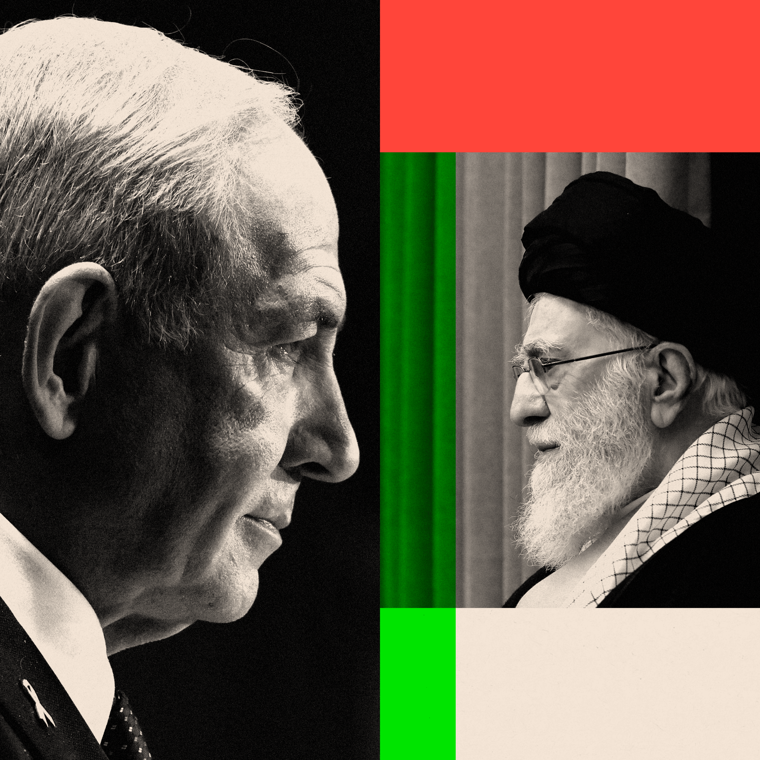 A treated image of Benjamin Netanyahu and Ali Hosseini Khamenei