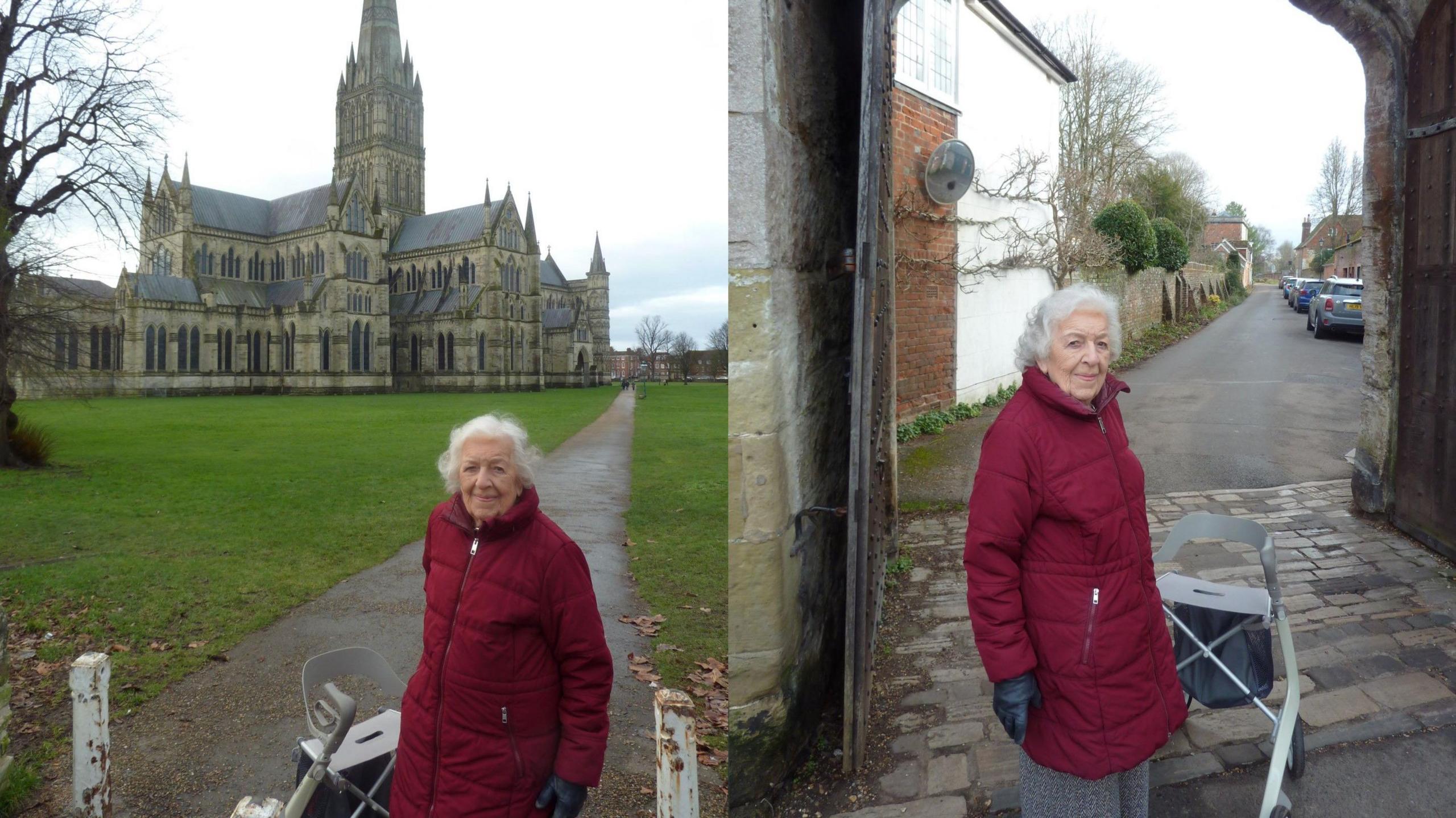 Two images next to each other showing the same grey haired woman with a walker in a dark red coat. On the left, she is on the green in front of the cathedral. On the right, she is under an arch with an alley with cars in the background