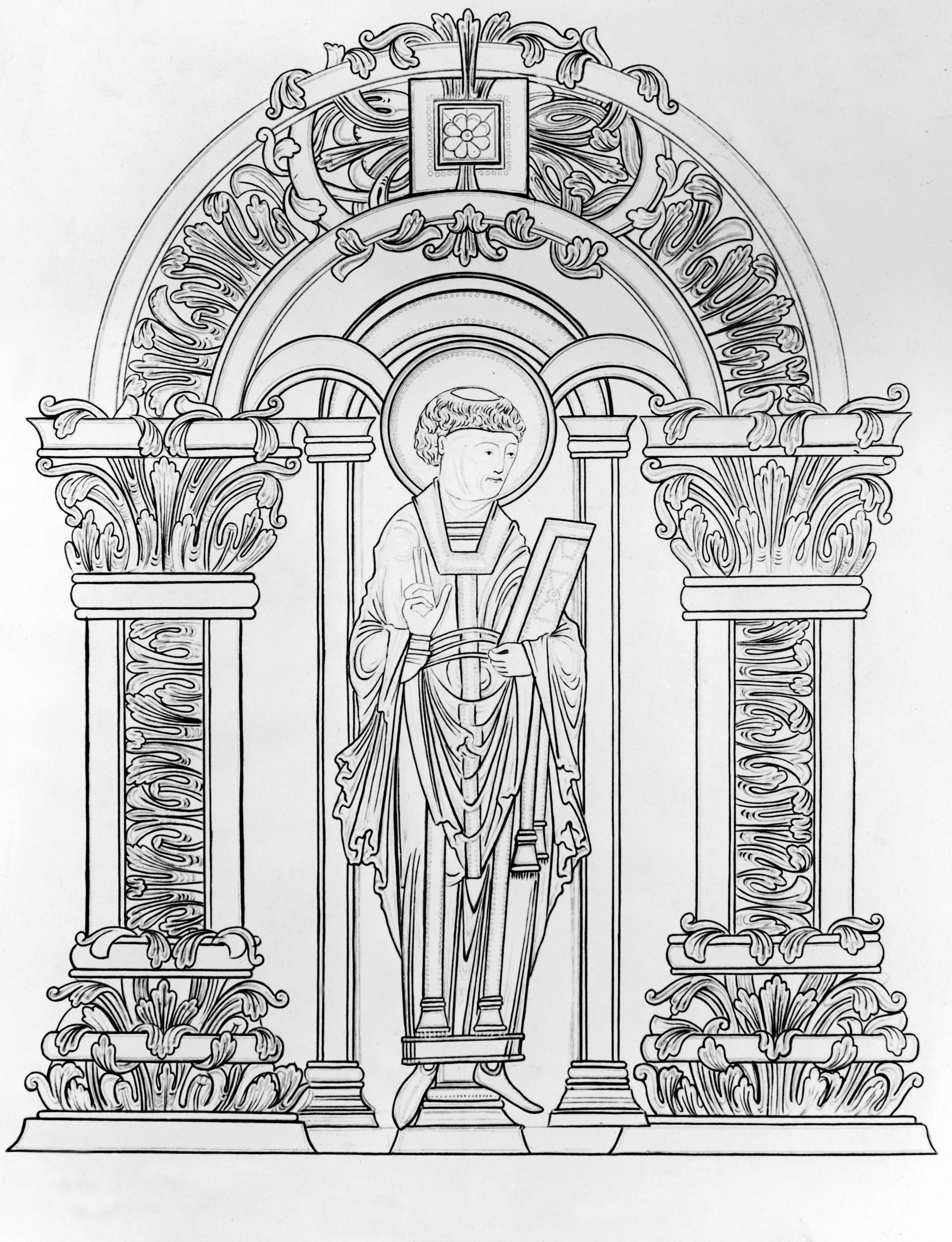 Black and white illustration of St Swithin standing in an ornate archway